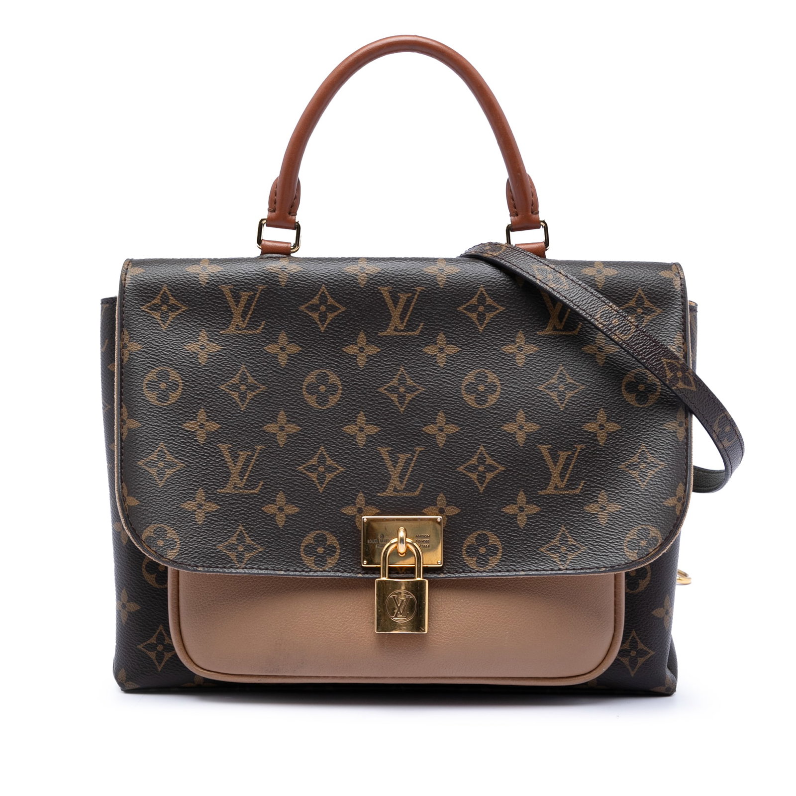 Monogram Canvas Marignan Shoulder Bag with Leather Handle by Louis Vuitton: Monogram Canvas Marignan Shoulder Bag with Leather Handle by Louis Vuitton The Louis Vuitton Monogram Marignan features a monogram canvas body with a rolled leather top handle and a detachable flat st