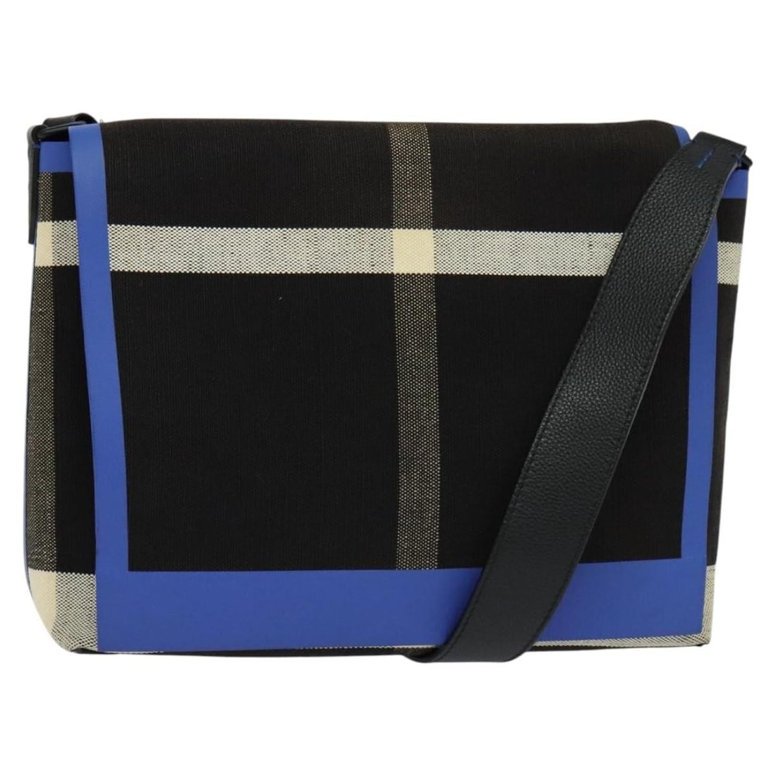 Canvas Shoulder Bag in Black and Blue by Burberry: Canvas Shoulder Bag in Black and Blue by Burberry This Burberry shoulder bag features a black and blue canvas exterior with a structured silhouette. Designed for women, the bag includes an adjustable