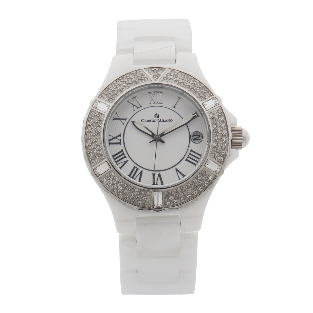 Giorgio Milano 863CWST01 White Ceramic Quartz Ladies Watch: Giorgio Milano 863CWST01 White Ceramic Quartz Ladies Watch Elevate your style with the Giorgio Milano Ceramic Date White Dial Quartz Ladies Watch, model 863CWST01. This elegant wristwatch features a s