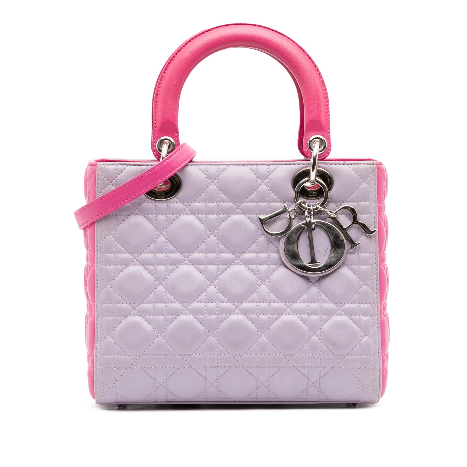 Dior Medium Bicolor Lambskin Cannage Lady Dior Bag: Dior Medium Bicolor Lambskin Cannage Lady Dior Bag The Medium Bicolor Lambskin Cannage Lady Dior bag is a luxurious accessory crafted from quilted bicolor lambskin leather, featuring a stylish purple