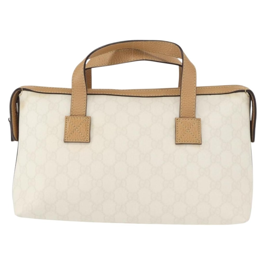 Gucci White PVC Vintage Female Handbag 29cm by 17cm by 9cm: Gucci White PVC Vintage Female Handbag 29cm by 17cm by 9cm This pre-owned Gucci vintage handbag for women features a white PVC canvas with the signature GG Supreme pattern. The handbag measures 29cm x