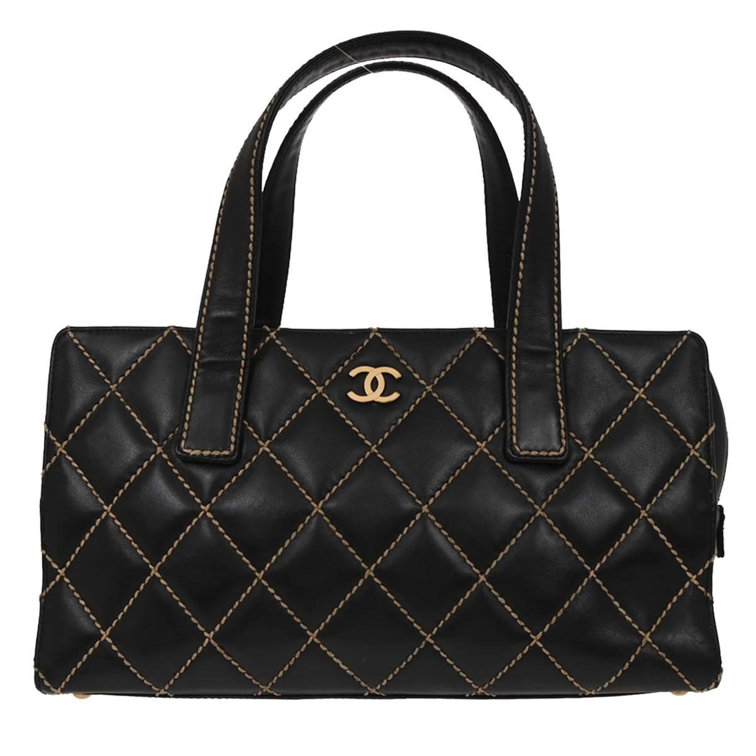 Chanel Wild Stitch Black Calfskin Quilted Medium Top Handle Bag: Chanel Wild Stitch Black Calfskin Quilted Medium Top Handle Bag This Chanel Wild Stitch handbag is crafted from black calfskin leather with a quilted pattern and features a medium size with top handle