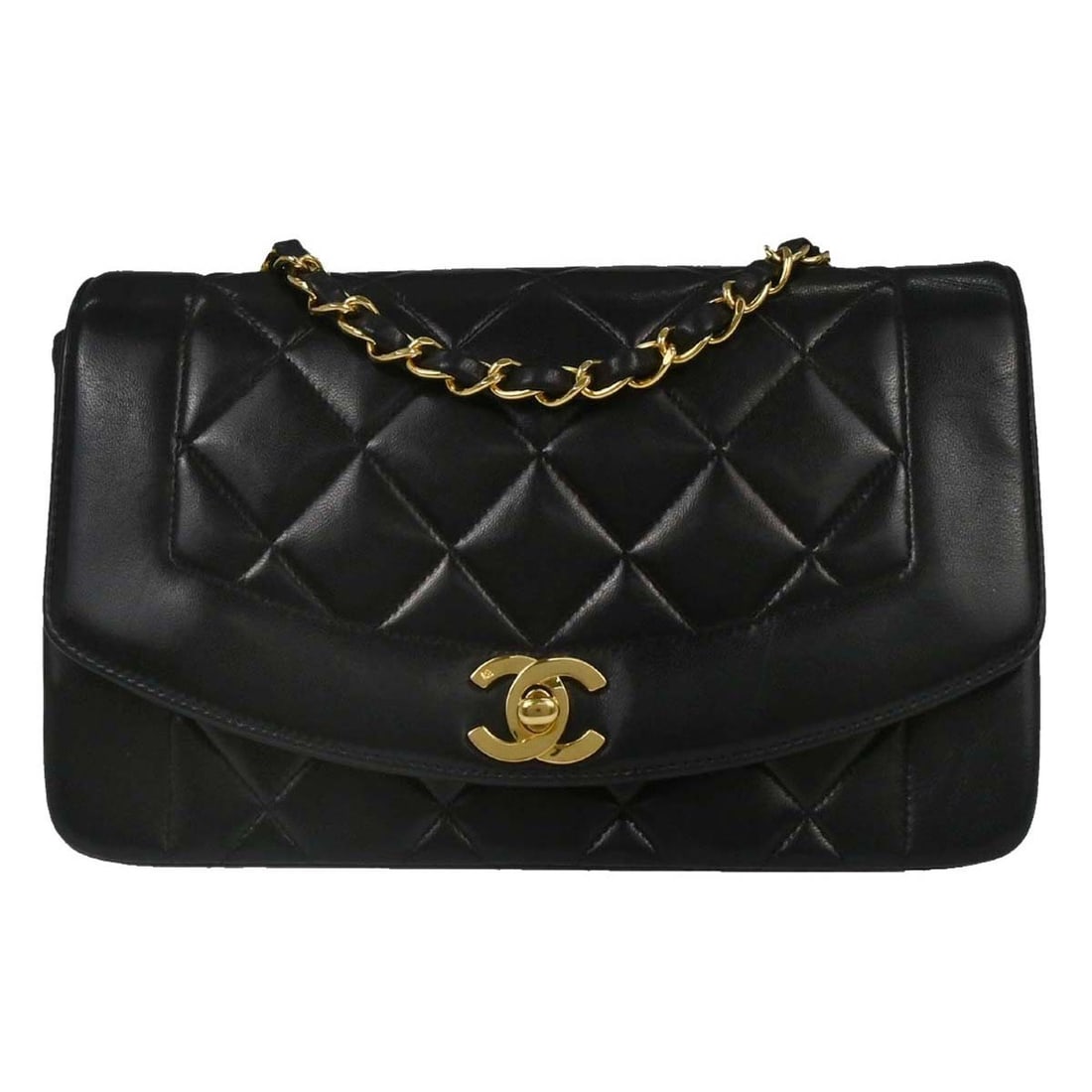 Small Diana Shoulder Bag in Black Lambskin with Chain Strap: Small Diana Shoulder Bag in Black Lambskin with Chain Strap This Chanel Small Diana shoulder bag is crafted from black lambskin leather with a matelasse quilted pattern. It features a flap closure wit