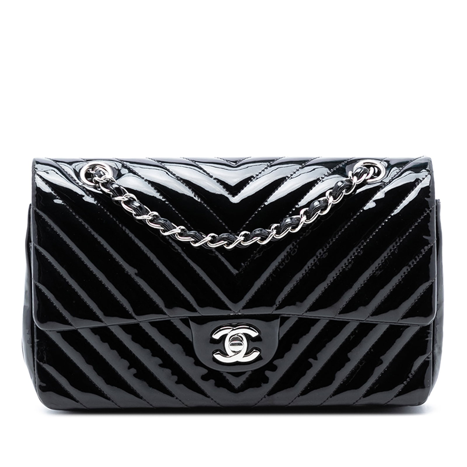 Chanel Black Patent Leather Medium Chevron Double Flap Shoulder Bag: Chanel Black Patent Leather Medium Chevron Double Flap Shoulder Bag This Chanel Medium Classic Chevron Patent Double Flap shoulder bag features a quilted patent leather exterior in black, complemented