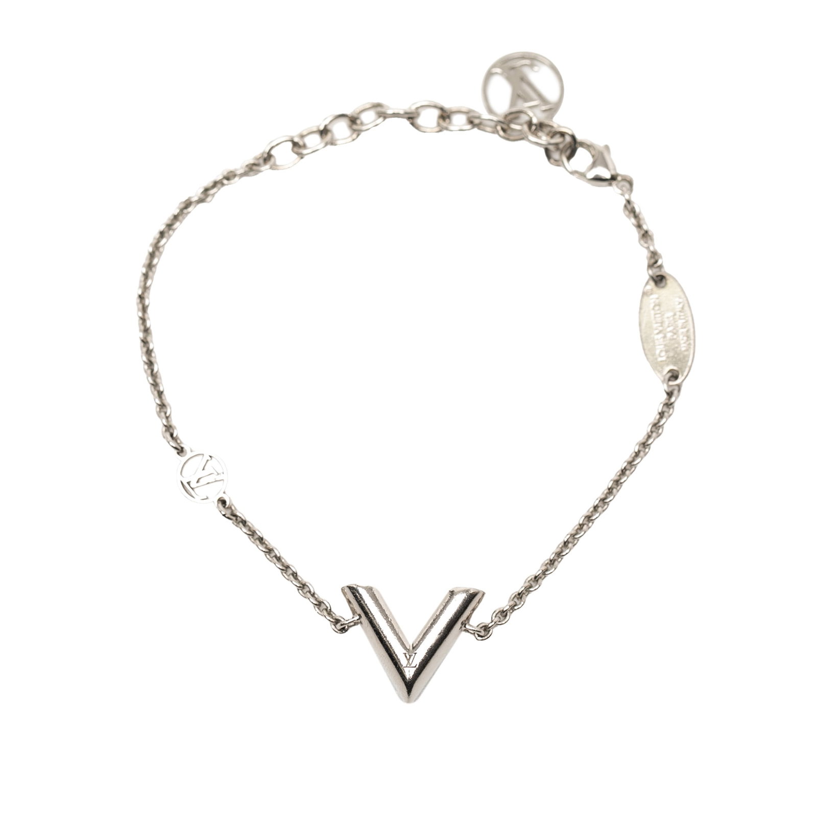 Louis Vuitton Essential V Silver Tone Metal Bracelet with Lobster Clasp: Louis Vuitton Essential V Silver Tone Metal Bracelet with Lobster Clasp This Louis Vuitton Essential V Supple Bracelet features a silver plated metal body and a lobster clasp closure. The bracelet is