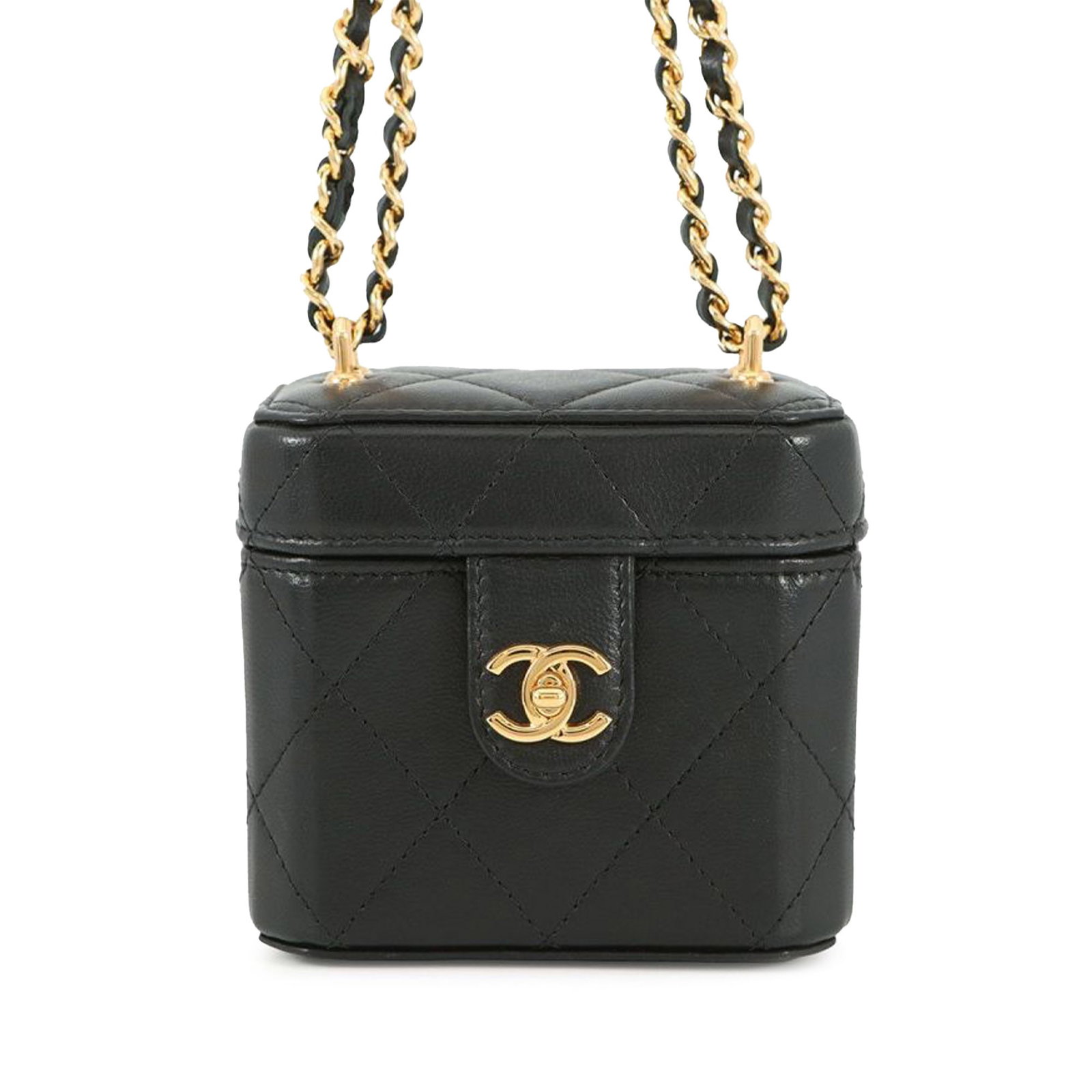 Chanel Mini Vanity Case Black Quilted Lambskin Crossbody Bag with Chain: Chanel Mini Vanity Case Black Quilted Lambskin Crossbody Bag with Chain This Chanel Mini CC Quilted Lambskin Vanity Case features a black quilted lambskin leather body, a leather-woven chain strap for
