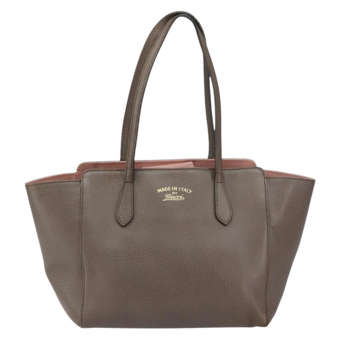 Gray Leather Swing Tote Bag by Gucci Italy: Gray Leather Swing Tote Bag by Gucci Italy This Gucci Swing Tote is crafted from gray leather and designed for women. Featuring a spacious interior, the bag displays signs of use including surface rub