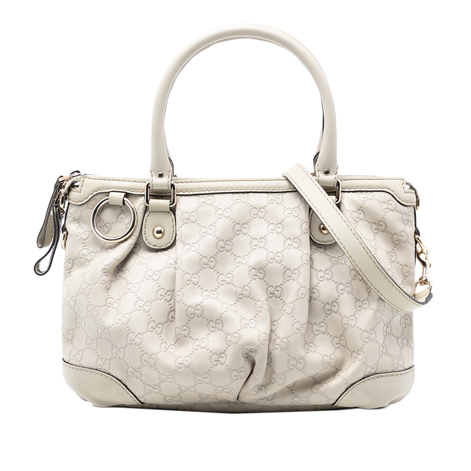 Gucci Sukey Satchel White Leather Bag with Detachable Strap: Gucci Sukey Satchel White Leather Bag with Detachable Strap The Guccissima Sukey Satchel is crafted from leather and features rolled leather handles, a detachable strap, a top zip closure, and interio