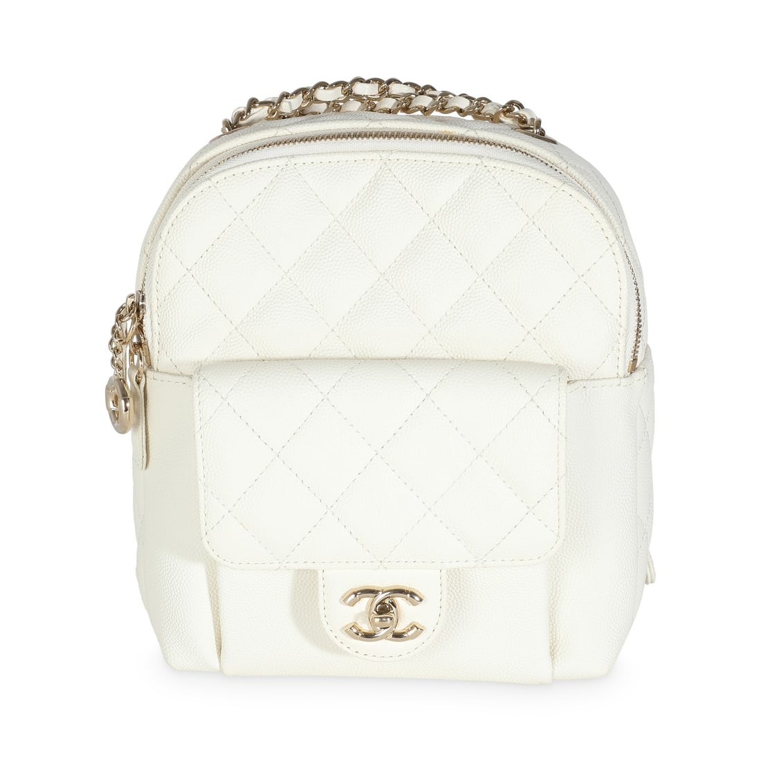 Chanel Small CC Day Backpack White Caviar Leather 2018-2019: Chanel Small CC Day Backpack White Caviar Leather 2018-2019 This Chanel Small CC Day Backpack is a stylish and versatile handbag crafted from premium white quilted caviar leather. It features a secure
