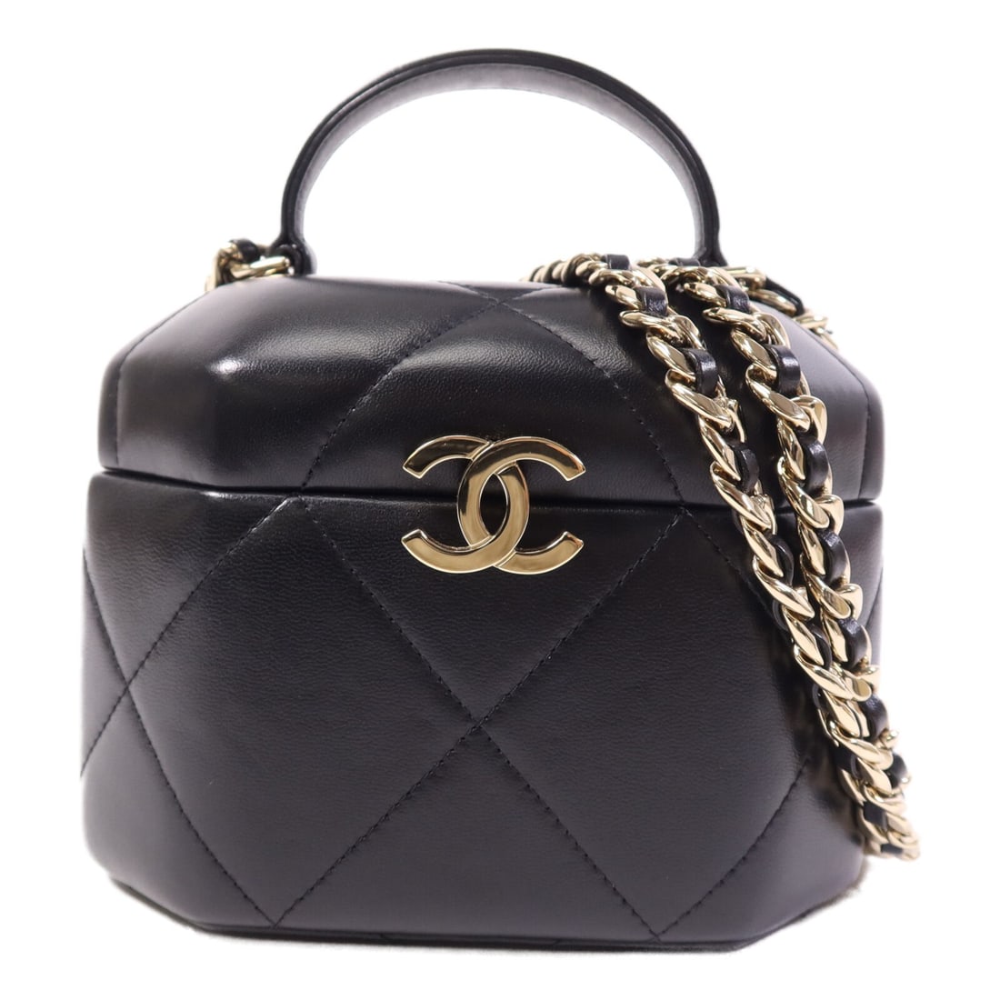 Small Black Lambskin Chanel AS2630 Vanity Case Shoulder Bag with Chain: Small Black Lambskin Chanel AS2630 Vanity Case Shoulder Bag with Chain This CHANEL small vanity case chain shoulder bag features luxurious black lambskin leather and silver-tone hardware. Designed for