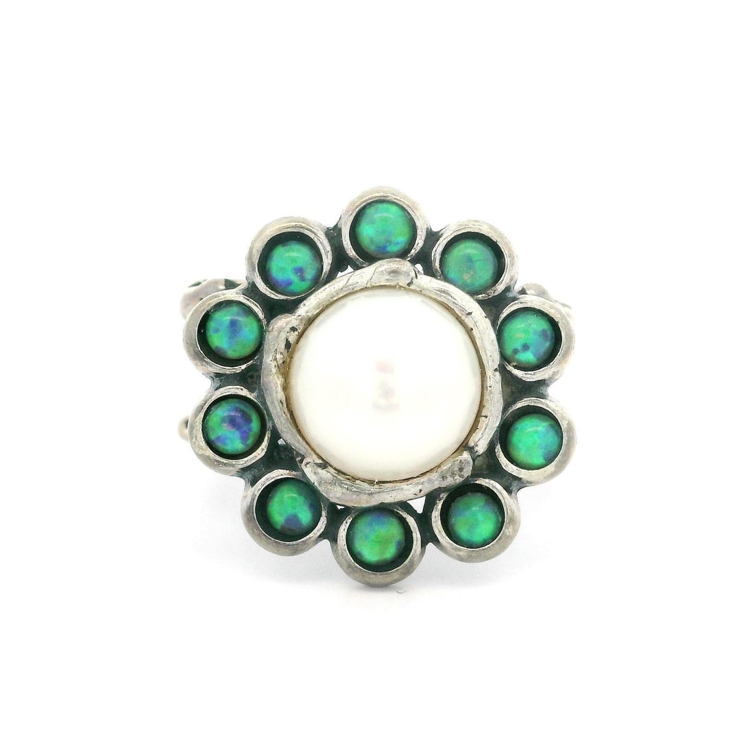 Sterling Silver Flower Ring with Pearl and Opal Vintage Cocktail Design (1 of 5)