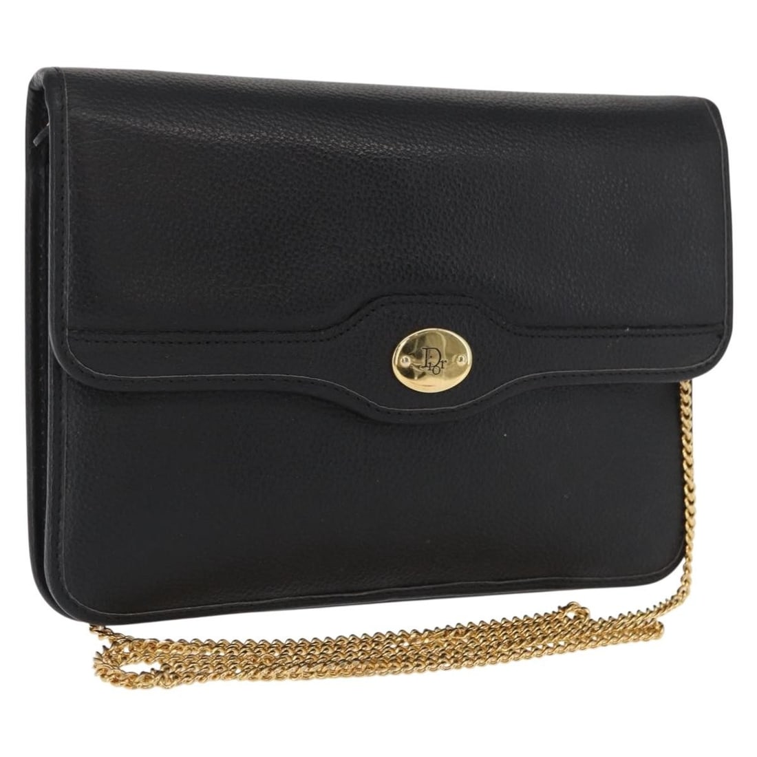 Black Leather Christian Dior Shoulder Bag with Gold Chain Strap: Black Leather Christian Dior Shoulder Bag with Gold Chain Strap This Christian Dior shoulder bag features a black leather exterior with gold-tone accents. Designed with a chain shoulder strap, the bag
