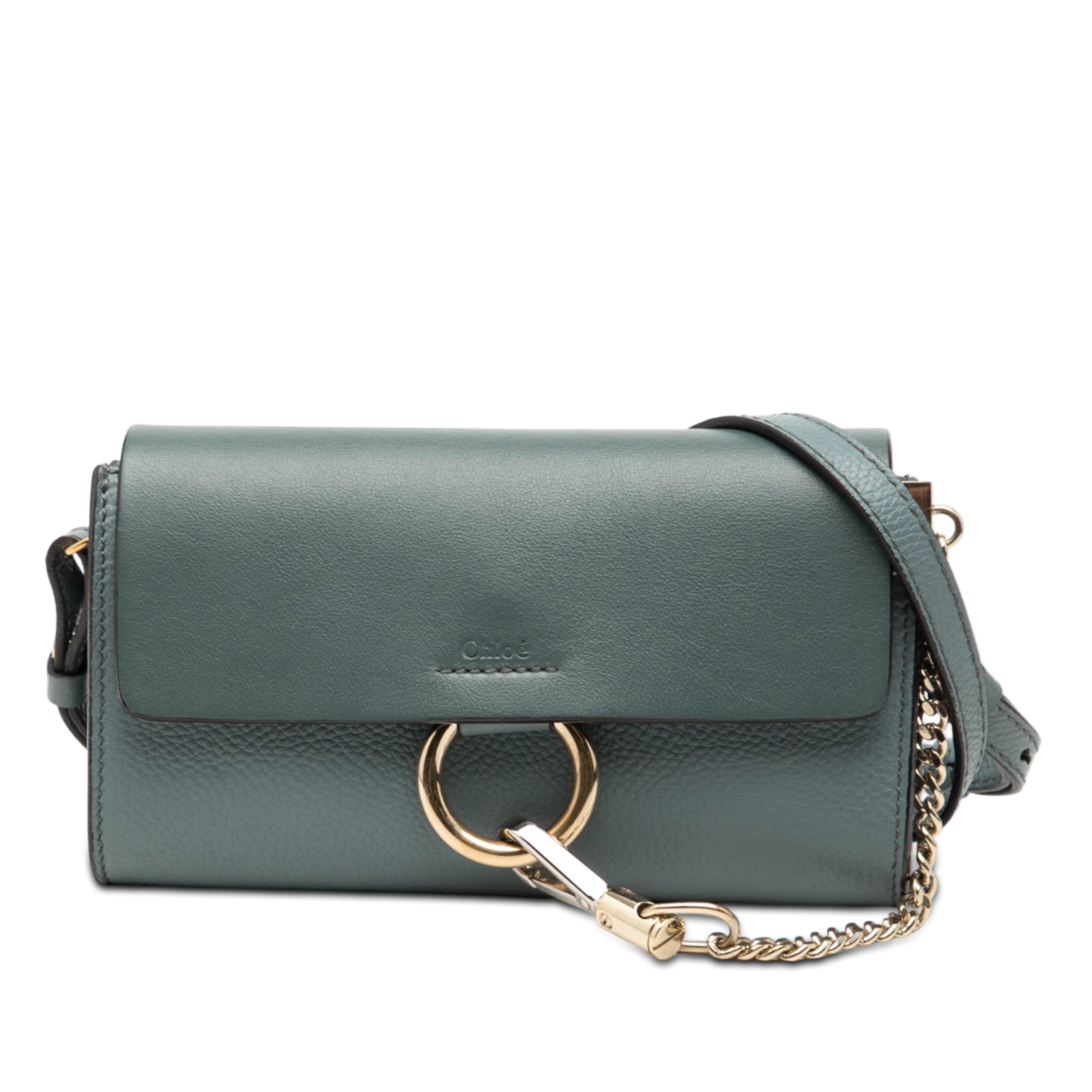 Mini Faye Blue Leather Crossbody Bag by Chloe: Mini Faye Blue Leather Crossbody Bag by Chloe This Chloe Mini Calfskin Faye Crossbody features a blue calf leather body with a flap closure that includes a signature hook detail and magnetic snap. It