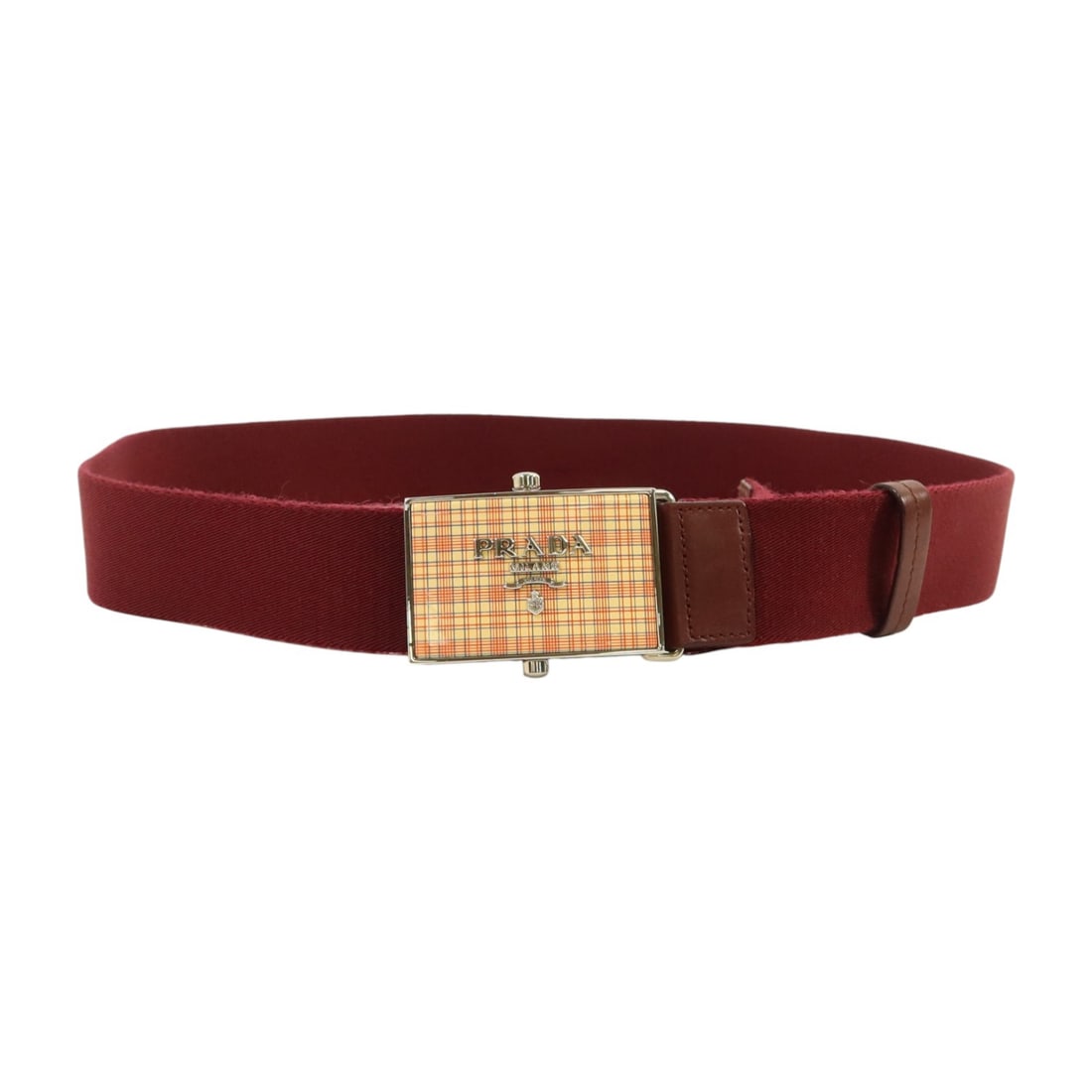 Red Canvas Prada Belt with Palladium Hardware 85cm: Red Canvas Prada Belt with Palladium Hardware 85cm This Prada women's belt features a striking red canvas design with palladium hardware. Crafted in Italy, it offers a stylish and durable accessory fo