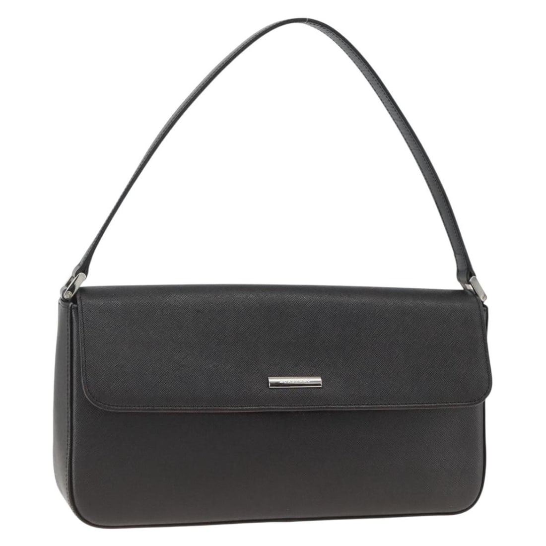Burberry Black Leather Shoulder Bag with Silver Accents for Women: Burberry Black Leather Shoulder Bag with Silver Accents for Women This BURBERRY shoulder bag is crafted from black leather with silver-tone accents. Designed for women, it features a sleek silhouette