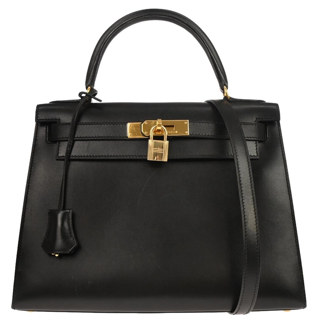 Kelly 28 Black Leather Top Handle Satchel by Hermes with Shoulder Strap: Kelly 28 Black Leather Top Handle Satchel by Hermes with Shoulder Strap This Hermes Kelly 28 Sellier 2-way handbag is crafted from black box calf leather and features a structured silhouette. The bag