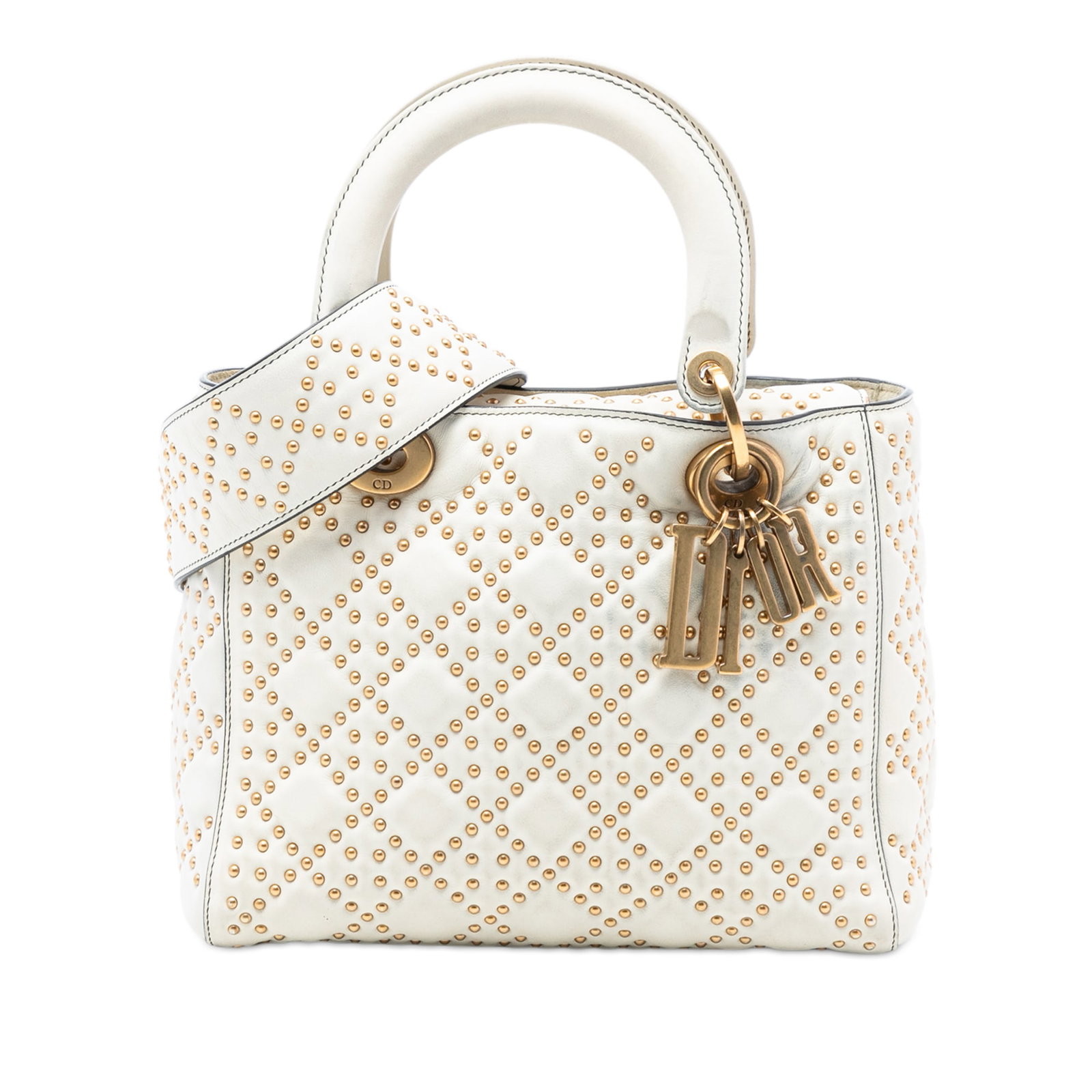 Dior Lady Dior Medium White Studded Lambskin Satchel with Detachable Strap (1 of 7)