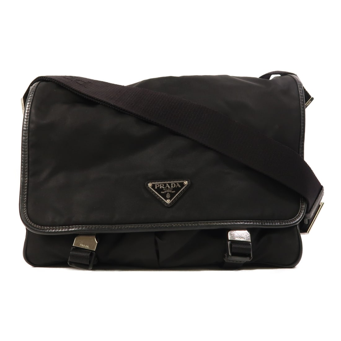 Prada Black Nylon Messenger Shoulder Bag With Silver Hardware: Prada Black Nylon Messenger Shoulder Bag With Silver Hardware This Prada shoulder bag features a classic messenger style crafted from durable black nylon. Designed for women, it offers a practical and