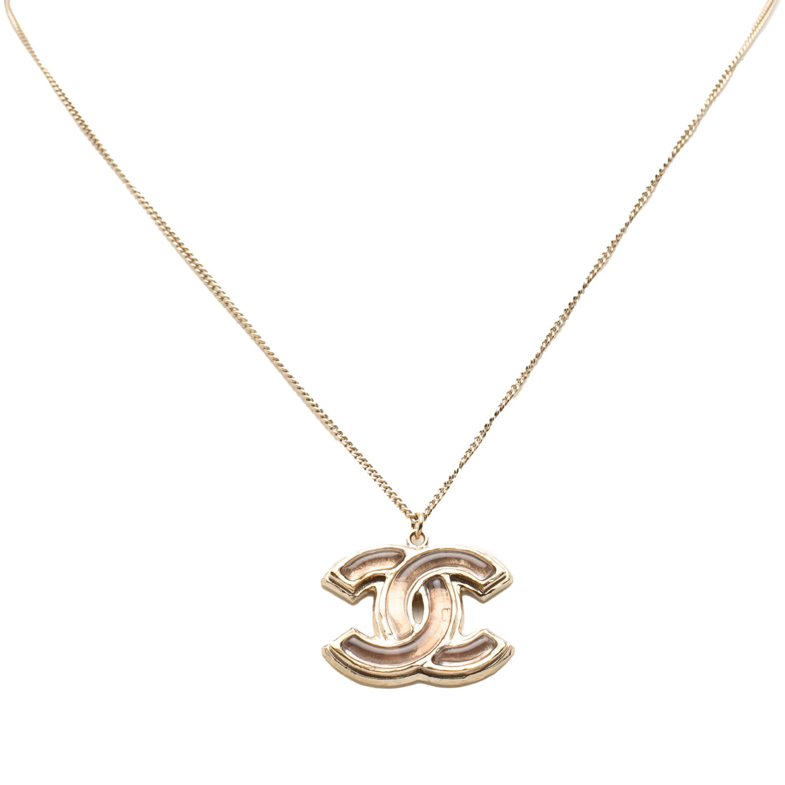 Chanel Gripoix Glass Pendant Necklace Gold Tone Metal: Chanel Gripoix Glass Pendant Necklace Gold Tone Metal This Chanel necklace features a gold tone metal body and a pendant adorned with glass embellishments. It is secured with a lobster clasp closure a