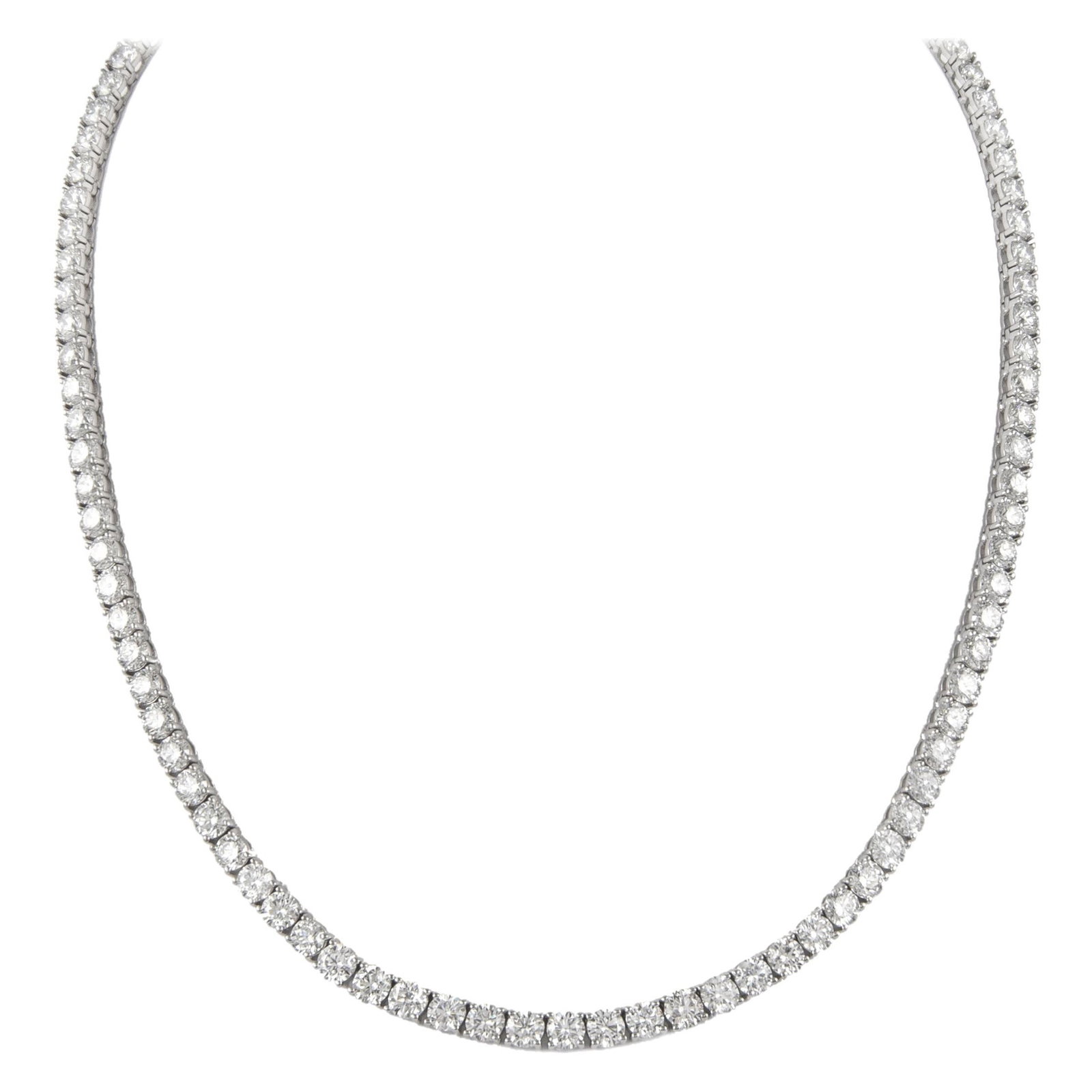 14.59 Carat Diamond Tennis Necklace in 18k White Gold 17 Inch: 14.59 Carat Diamond Tennis Necklace in 18k White Gold 17 Inch This contemporary tennis necklace features 123 round brilliant natural diamonds totaling 14.59 carats, set in 18k white gold. The diamonds