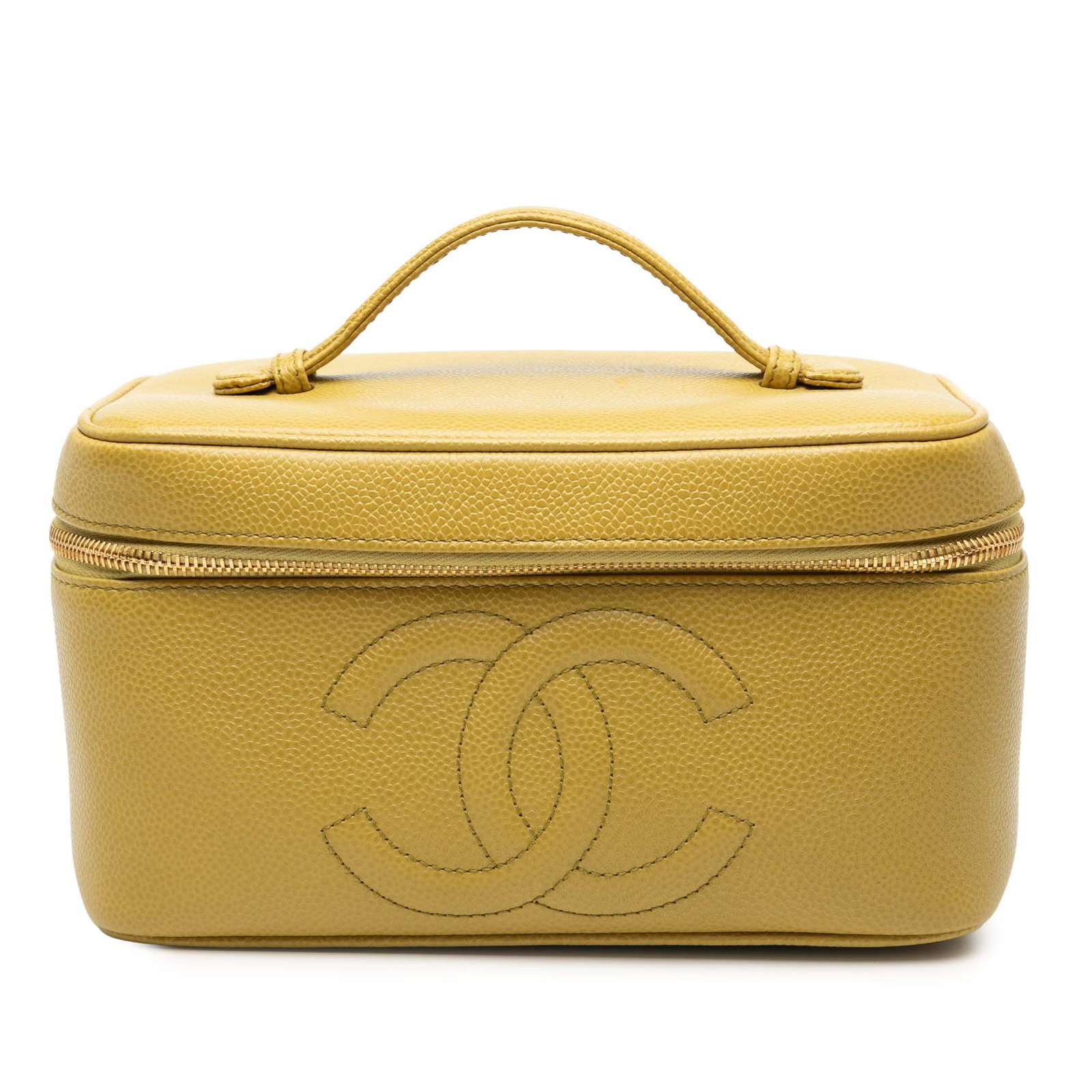 Yellow Caviar Leather Vanity Bag by Chanel CC with Top Handle: Yellow Caviar Leather Vanity Bag by Chanel CC with Top Handle This Chanel CC Caviar Vanity Bag features a yellow caviar leather body with a flat top handle, zip-around closure, and an interior slip po