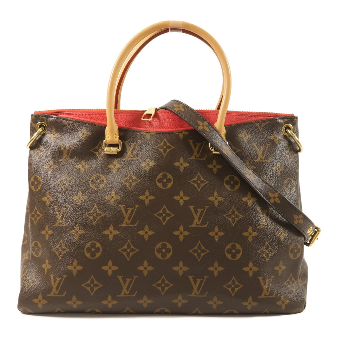 Louis Vuitton Pallas Monogram Canvas Shoulder Bag With Gold Hardware Red Accents: Louis Vuitton Pallas Monogram Canvas Shoulder Bag With Gold Hardware Red Accents This Louis Vuitton Pallas 2 Way Shoulder Handbag features the iconic Monogram pattern in brown with red accents. Crafte