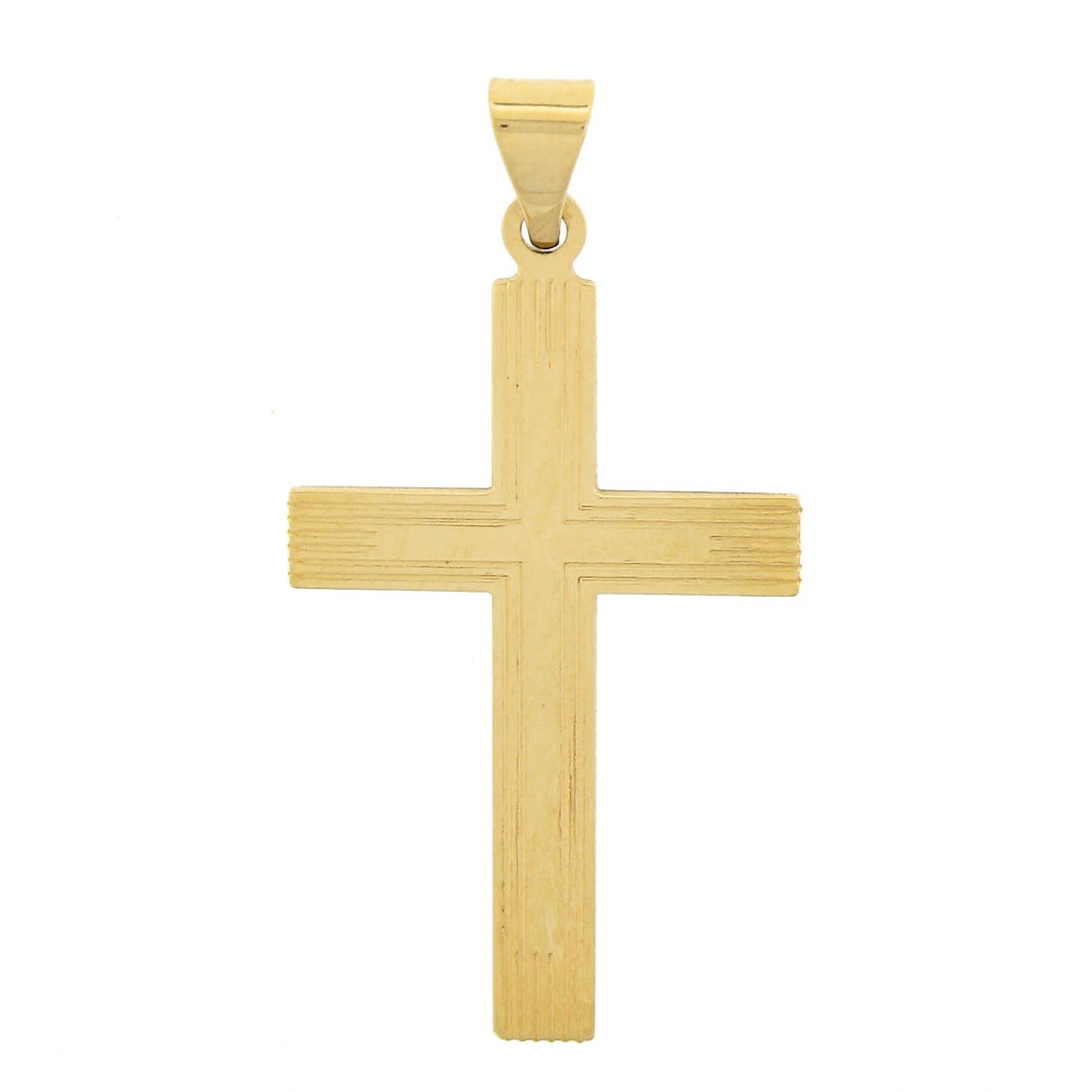 Vintage 14K Yellow Gold Simple Cross Pendant with Polished Finish: Vintage 14K Yellow Gold Simple Cross Pendant with Polished Finish This stunning vintage cross pendant is crafted from solid 14K yellow gold, showcasing a beautifully grooved design with a polished cen