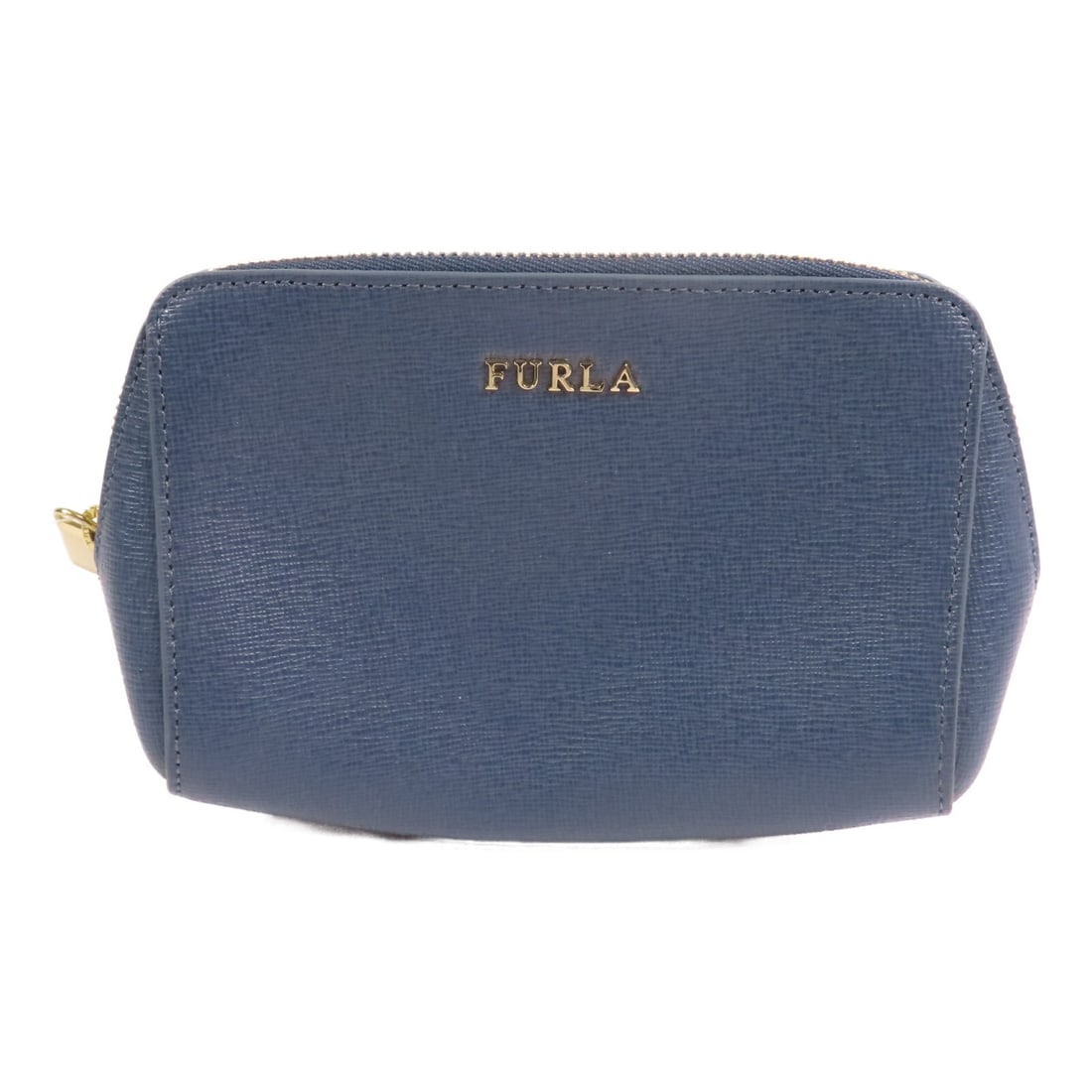 Furla Blue Calfskin Leather Pouch with Gold Tone Hardware: Furla Blue Calfskin Leather Pouch with Gold Tone Hardware This Furla pouch features blue calfskin leather with gold-tone hardware. Made in Italy, it offers a compact design with a very good condition