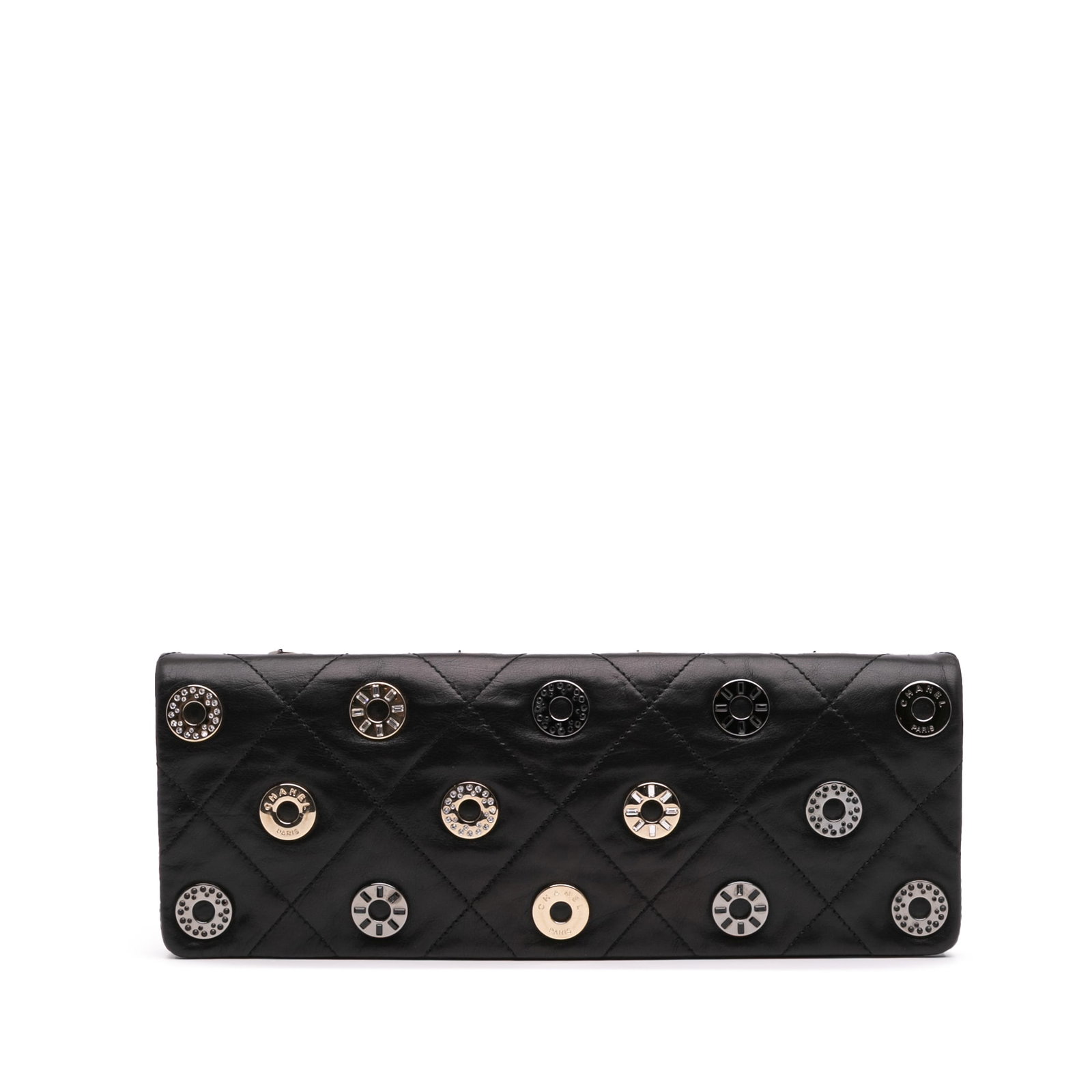 Chanel Black Quilted Calfskin Star Attitude Grommet Clutch: Chanel Black Quilted Calfskin Star Attitude Grommet Clutch This elegant Chanel Quilted Calfskin Star Attitude Grommet Fold Over Clutch showcases a luxurious black quilted leather body adorned with sty