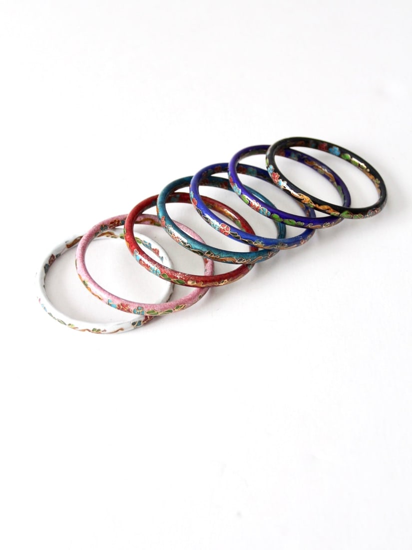 Vintage Cloisonne Bangle Set of 7 Bracelets in Floral Enamel (1 of 9)