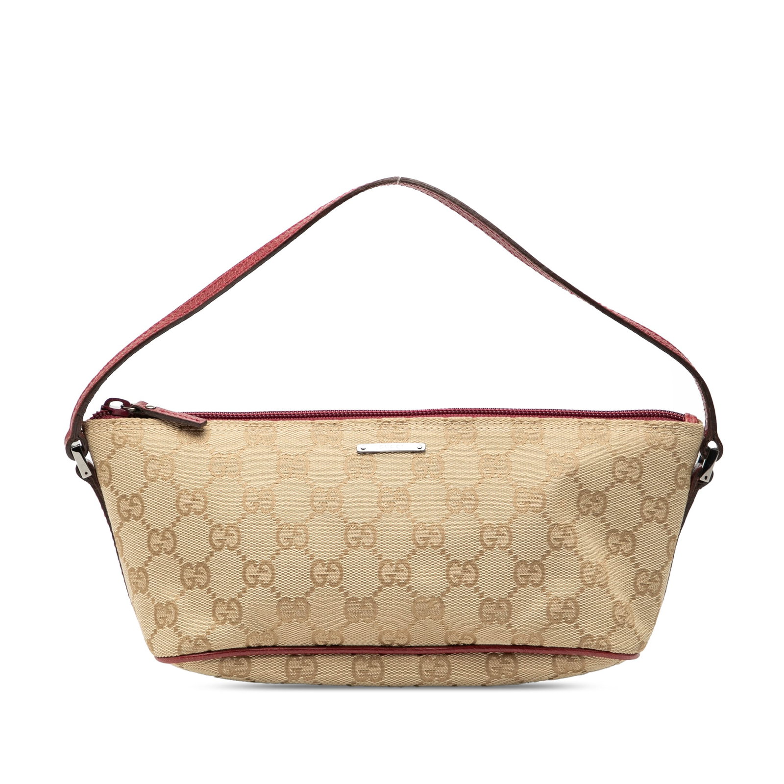 Gucci GG Canvas Boat Beige Shoulder Bag with Leather Trim: Gucci GG Canvas Boat Beige Shoulder Bag with Leather Trim This Gucci GG Canvas Boat shoulder bag features a canvas body with leather trim, a flat leather strap, and a top zip closure. The bag is beige