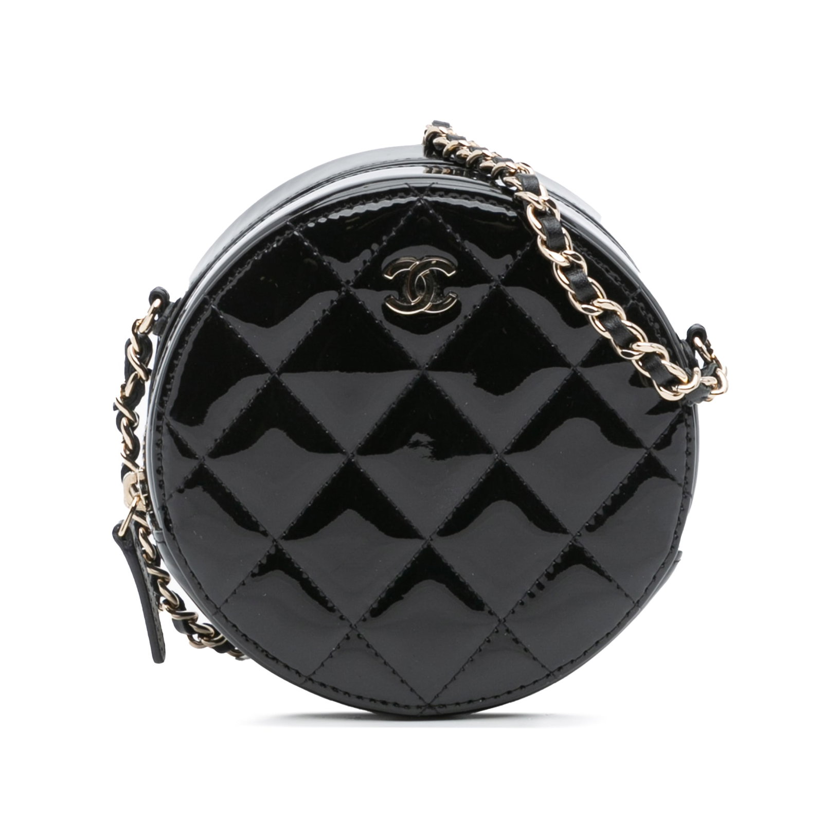 Chanel Quilted Patent Round As Earth Black Crossbody Bag: Chanel Quilted Patent Round As Earth Black Crossbody Bag This Chanel Quilted Patent Round As Earth Crossbody bag showcases a luxurious quilted patent leather exterior in classic black. It features a s