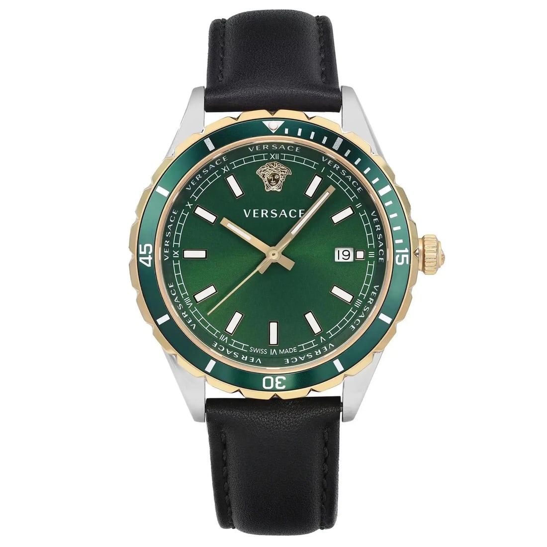 Versace Hellenyium Quartz Watch Green Dial Stainless Steel Unused: Versace Hellenyium Quartz Watch Green Dial Stainless Steel Unused Introducing the Versace Hellenyium Quartz Watch, a perfect blend of style and functionality. This wristwatch features a striking green