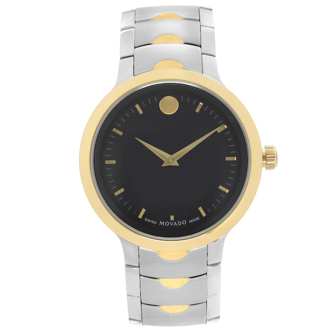 Movado Luno 40mm Two Tone Quartz Dress Watch Black Dial Model 0607043: Movado Luno 40mm Two Tone Quartz Dress Watch Black Dial Model 0607043 Introducing the Movado Luno 40mm Two Tone Steel Watch, a perfect blend of elegance and functionality for the modern man. This dres
