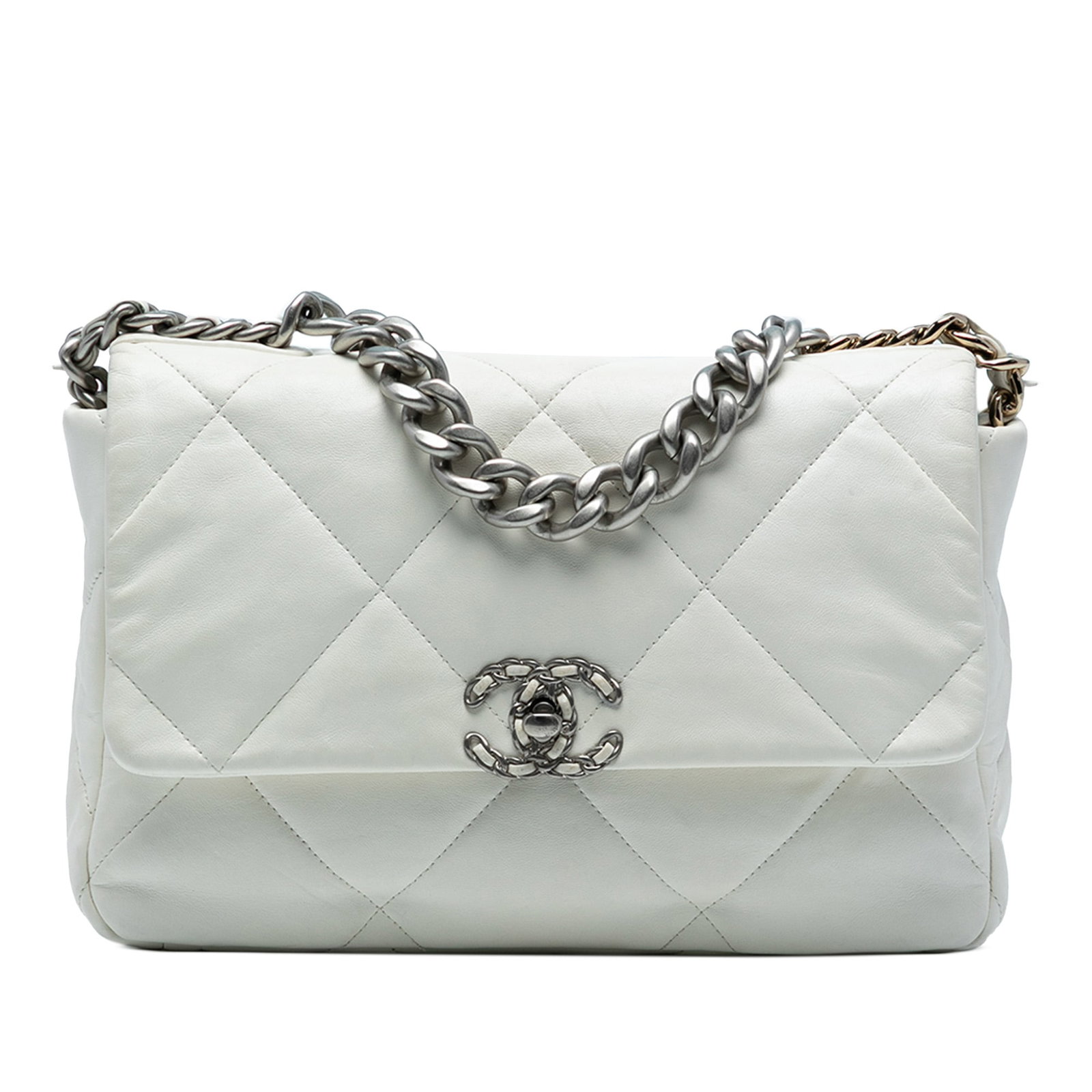 Chanel Large 19 Flap White Lambskin Leather Bag: Chanel Large 19 Flap White Lambskin Leather Bag Introducing the Chanel Large Lambskin 19 Flap, a stunning bag crafted from luxurious quilted lambskin leather. This elegant piece features a chain link
