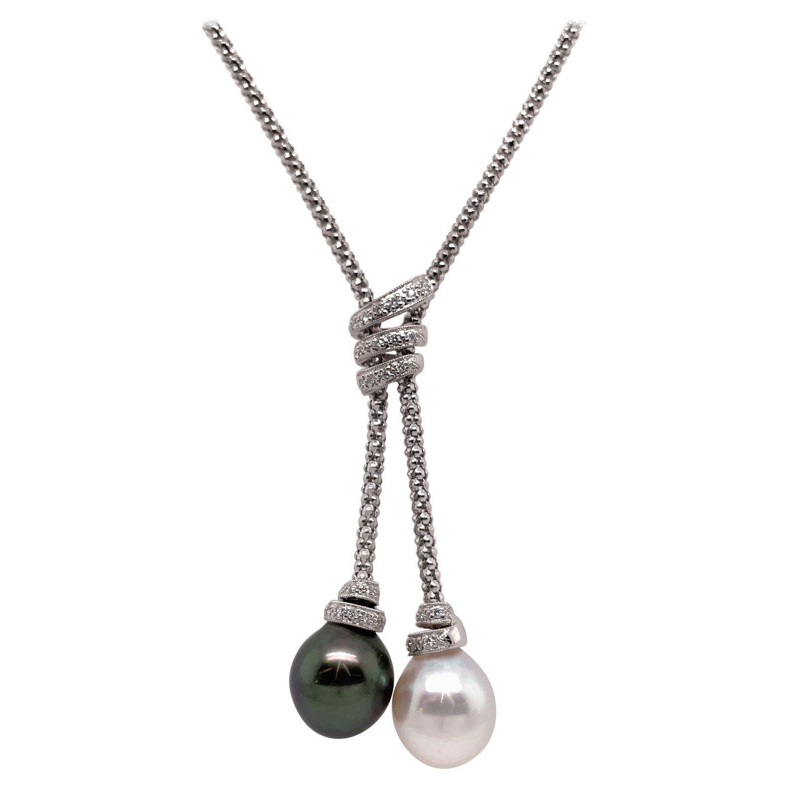 Harbor Diamonds 18K White Gold South Sea Tahitian Pearl Diamond Lariat Necklace: Harbor Diamonds 18K White Gold South Sea Tahitian Pearl Diamond Lariat Necklace This exquisite lariat necklace features a stunning combination of South Sea and Tahitian pearls, each measuring 12-13 mm