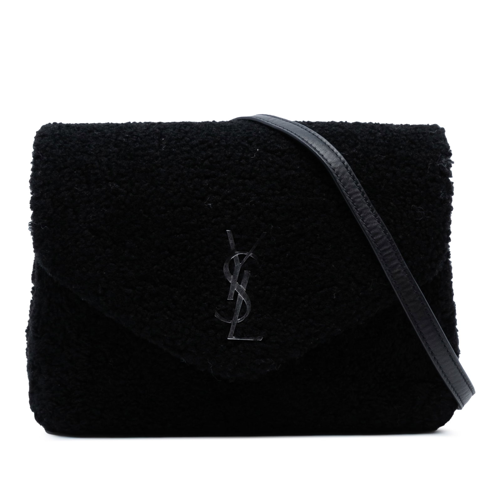 Black Shearling Toy Loulou Crossbody Bag by Saint Laurent: Black Shearling Toy Loulou Crossbody Bag by Saint Laurent Introducing the Saint Laurent Toy Shearling Loulou Crossbody, a stylish accessory crafted with a luxurious fur body. This bag features a detac