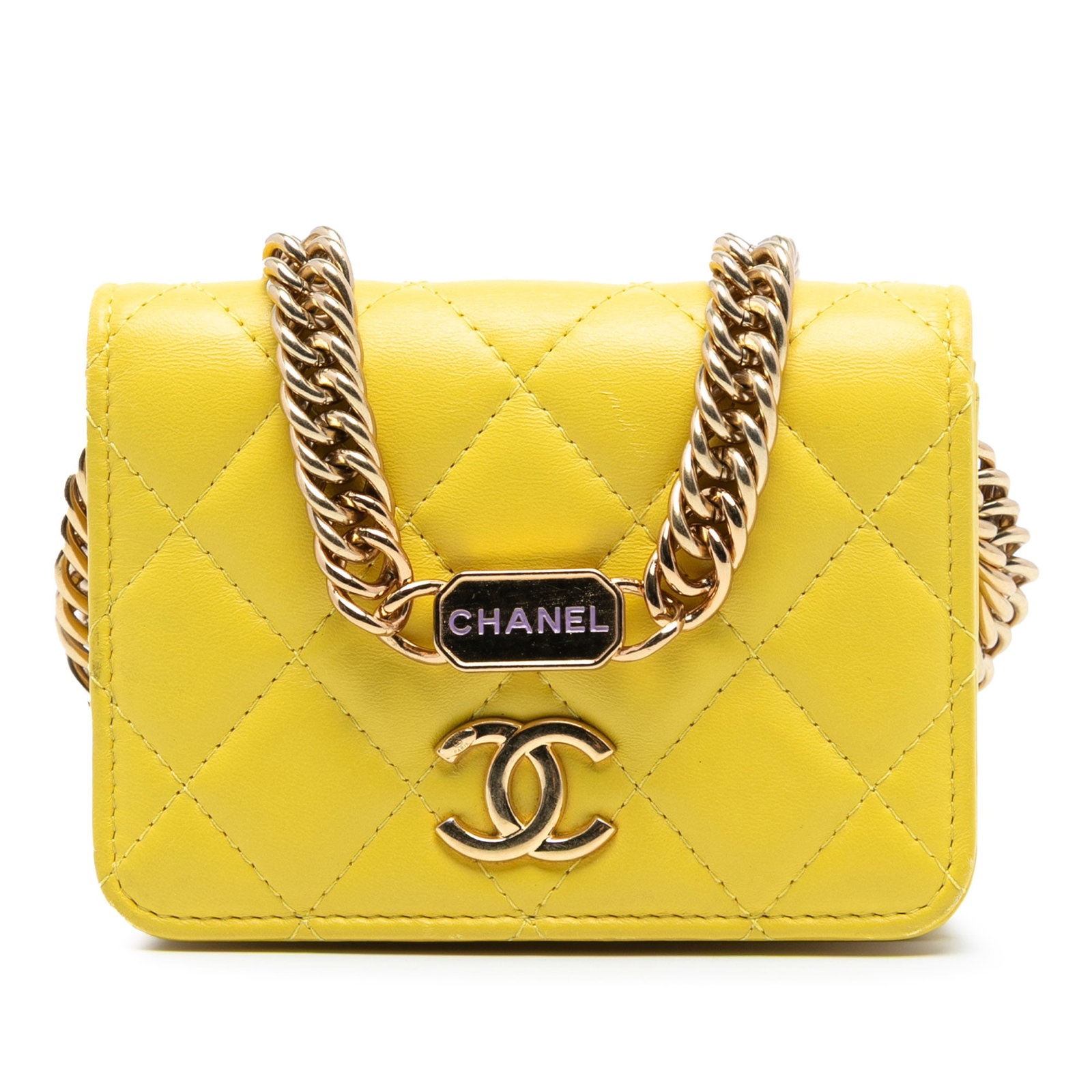 Chanel Mini Quilted Lambskin Crossbody Bag with Charms and Chain Strap: Chanel Mini Quilted Lambskin Crossbody Bag with Charms and Chain Strap This Chanel Mini CC crossbody bag showcases a quilted lambskin leather body in yellow, complemented by a chain link strap adorned