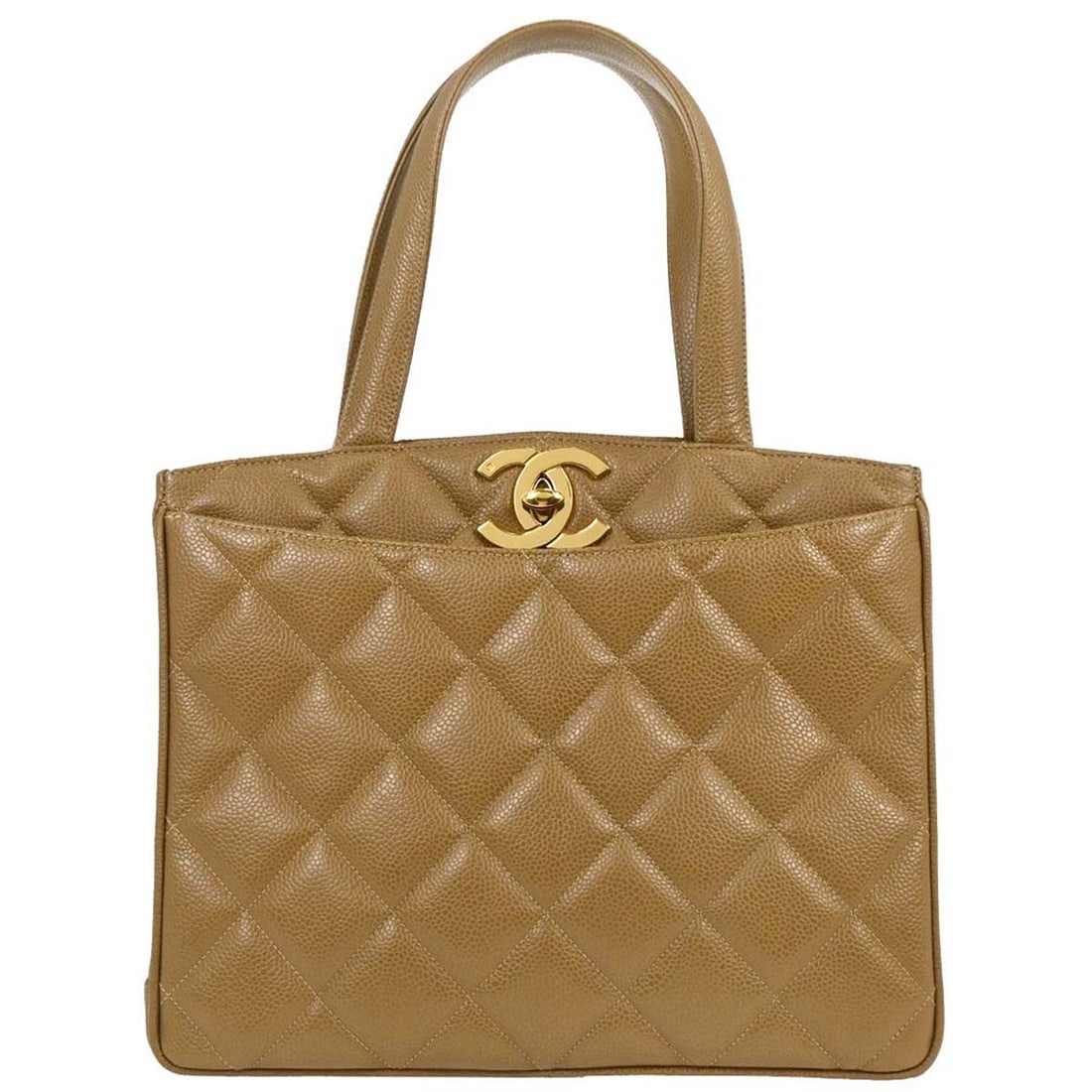 Chanel Beige Quilted Caviar Leather Vintage CC Lock Tote Bag: Chanel Beige Quilted Caviar Leather Vintage CC Lock Tote Bag This pre-owned Chanel Vintage CC Lock Pocket Tote features a timeless quilted caviar leather exterior in beige and is designed for women. T