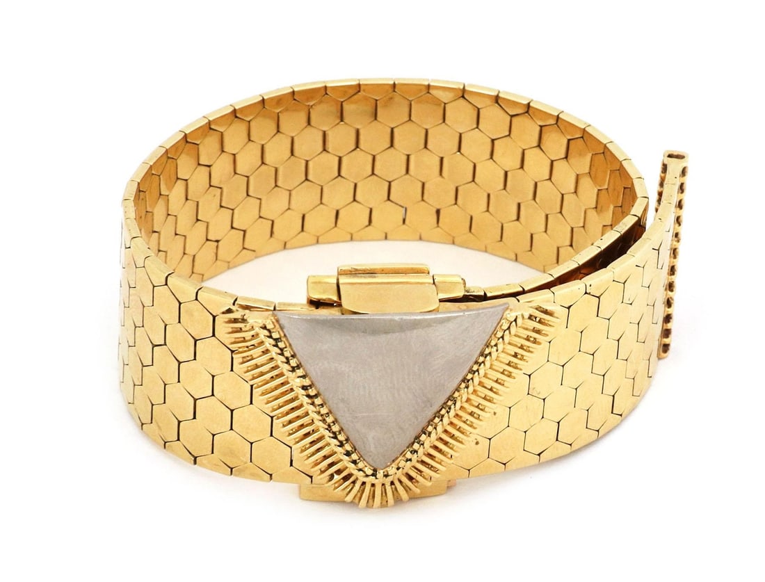 Vintage Omega 18k Gold Wide Belt Bracelet Watch: Vintage Omega 18k Gold Wide Belt Bracelet Watch This stunning vintage wide belt bracelet features an 18k yellow gold band with white gold accents, showcasing small octagon-shaped links across its 24mm
