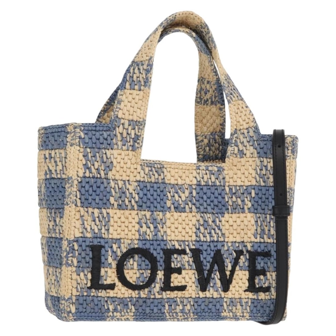 Loewe Raffia and Wood Two Way Light Blue Silver Handbag with Strap: Loewe Raffia and Wood Two Way Light Blue Silver Handbag with Strap This LOEWE hand bag features a stylish 2-way design crafted from wood with a light blue and silver color scheme. The bag includes bot