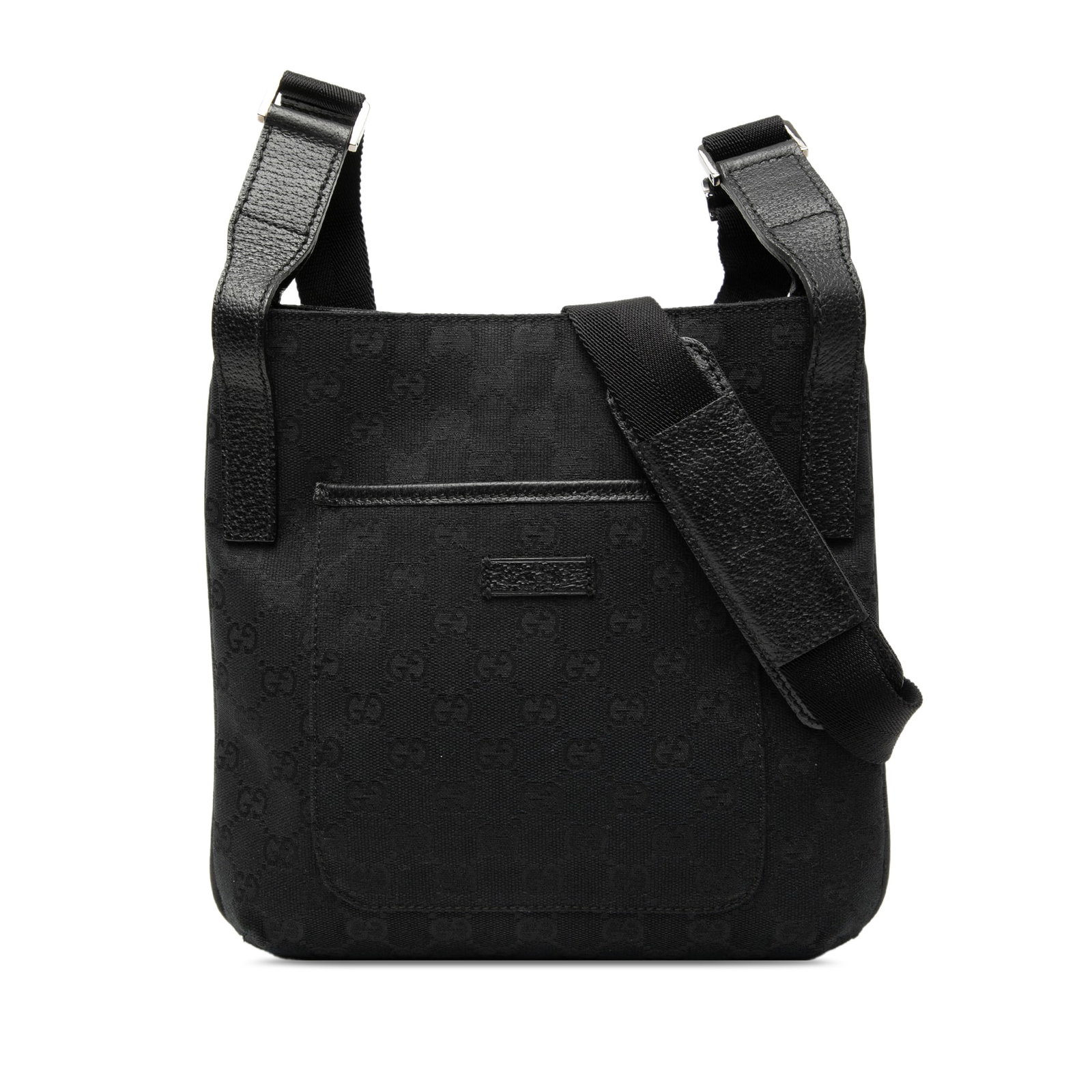 Gucci GG Canvas Black Crossbody Bag with Leather Trim: Gucci GG Canvas Black Crossbody Bag with Leather Trim This Gucci GG Canvas Crossbody bag features a canvas body with leather trim, an exterior front slip pocket, a flat strap, a top zip closure, and a