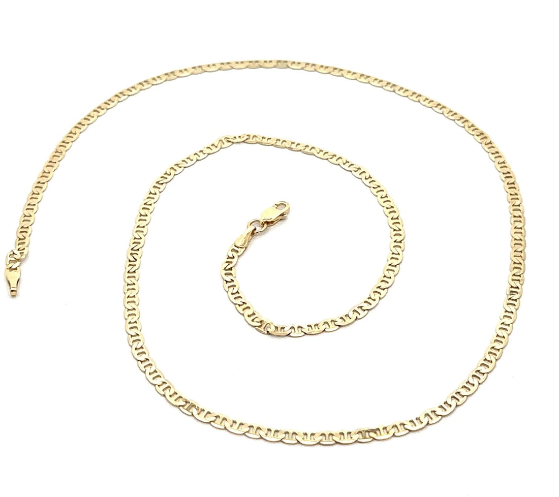 Italian 14k Yellow Gold 20 Inch Flat Mariner Link Necklace Lobster Clasp: Italian 14k Yellow Gold 20 Inch Flat Mariner Link Necklace Lobster Clasp This exquisite necklace showcases a stunning Italian 14k yellow gold flat mariner link design. Crafted from solid 14k yellow go