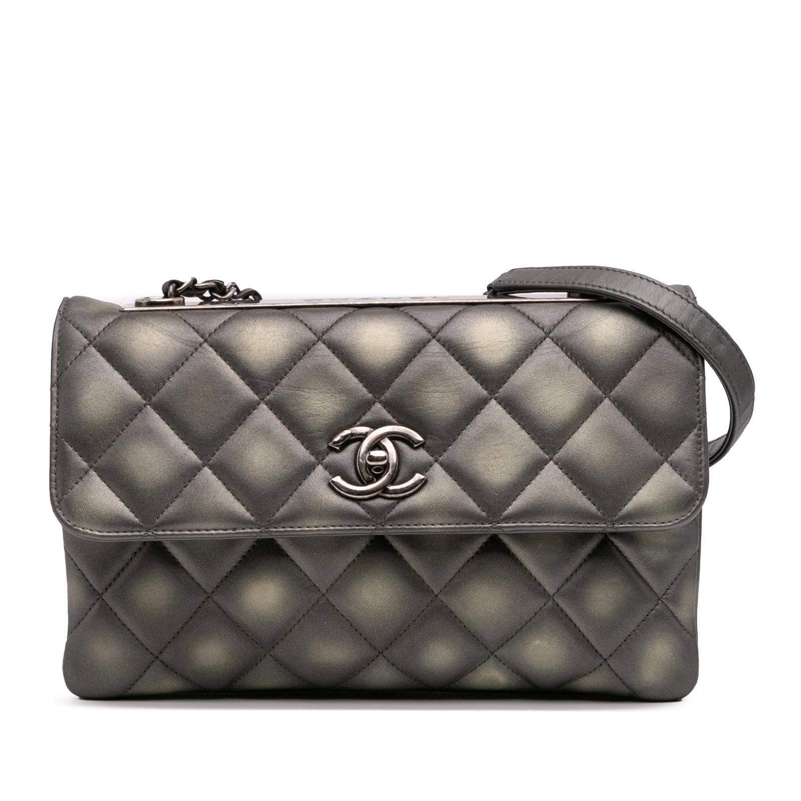 Chanel Gray Quilted Metallic Lambskin Trendy CC Flap Bag: Chanel Gray Quilted Metallic Lambskin Trendy CC Flap Bag Elevate your style with this Chanel Quilted Metallic Lambskin Trendy CC Flap shoulder bag. Crafted from luxurious quilted lambskin leather, thi