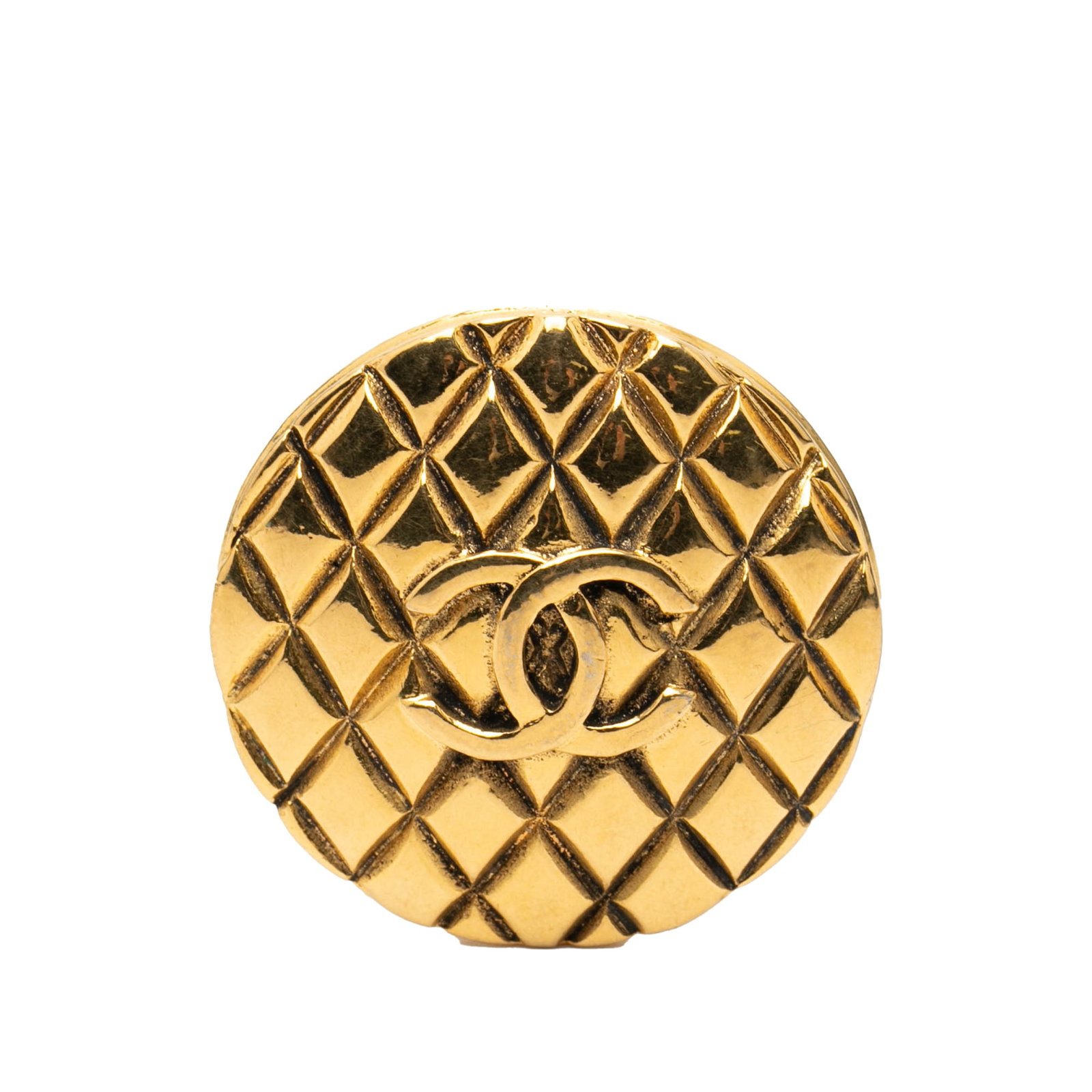 Chanel Quilted CC Motif Gold Plated Metal Round Brooch: Chanel Quilted CC Motif Gold Plated Metal Round Brooch This Chanel brooch features a round, quilted design crafted from gold-plated metal and is secured with a back pin closure. The brooch displays si