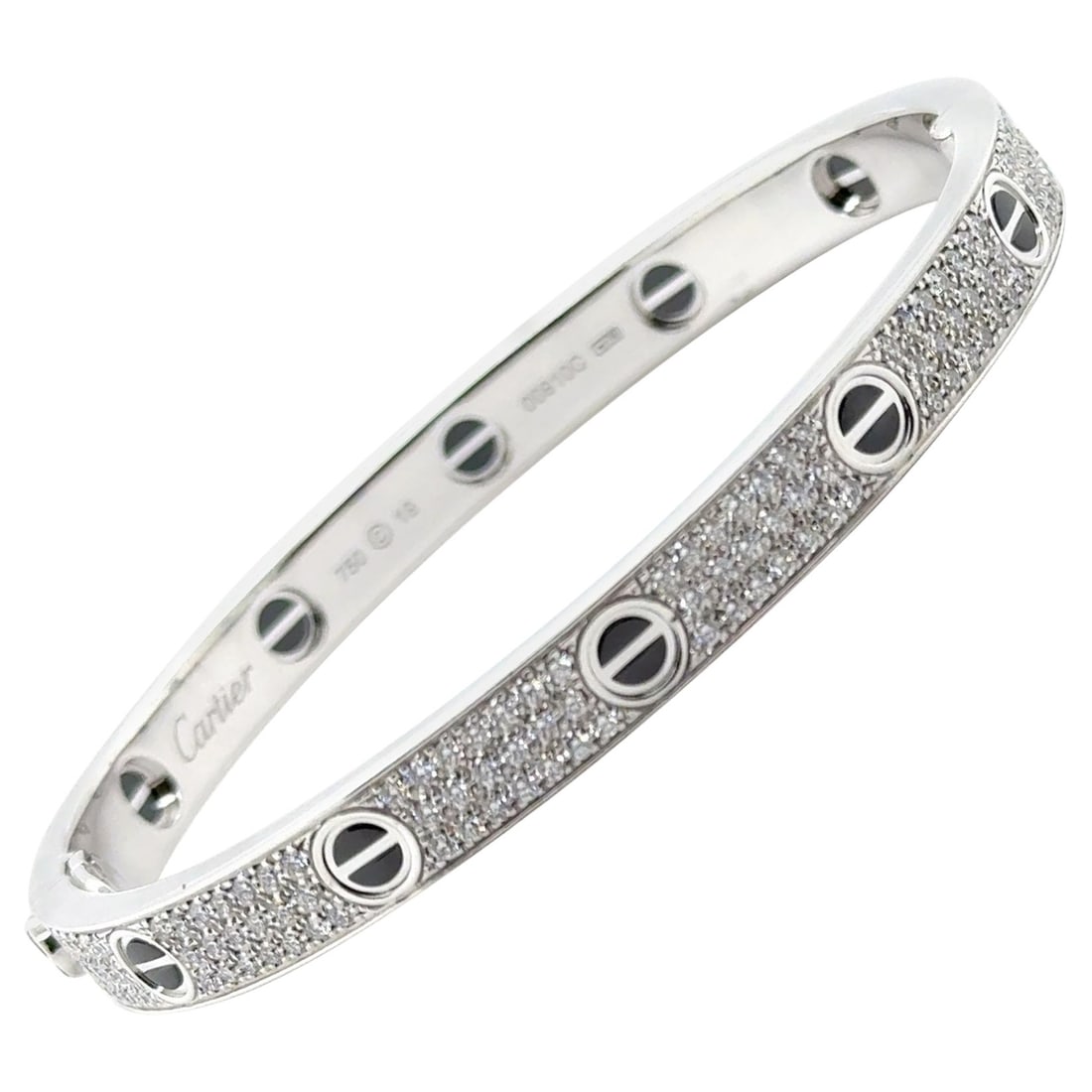 Cartier Love Bracelet 18k White Gold Diamonds Black Ceramic Size 19: Cartier Love Bracelet 18k White Gold Diamonds Black Ceramic Size 19 Introducing the iconic Cartier Love Bracelet, a stunning piece from the Love Collection. Crafted from 18k white gold and adorned wit
