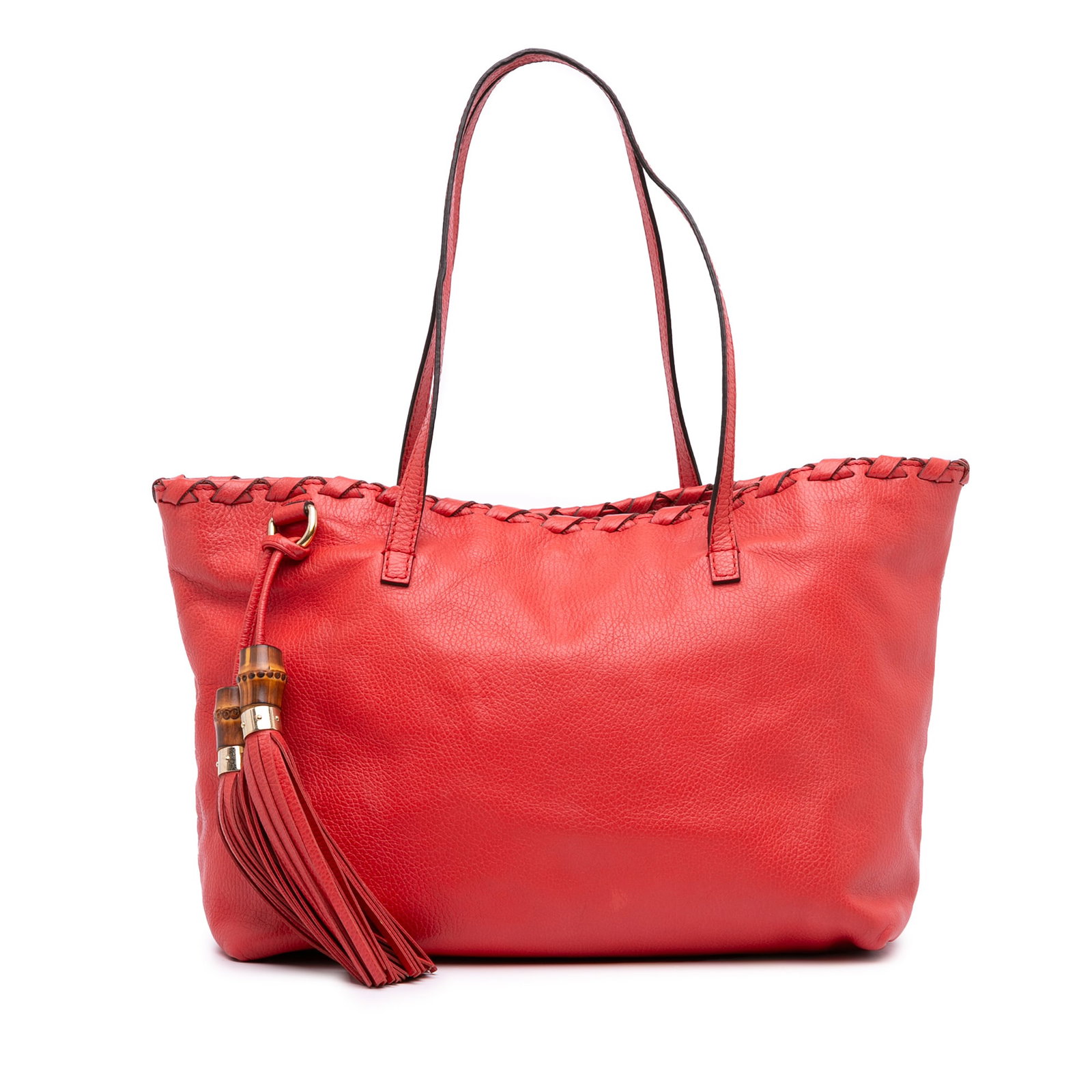 Gucci Red Leather Bamboo Tassel Tote Bag Italy: Gucci Red Leather Bamboo Tassel Tote Bag Italy This elegant Gucci Leather Bamboo Tassel Tote is crafted from high-quality leather and showcases unique bamboo details on its tassel. The bag features fl