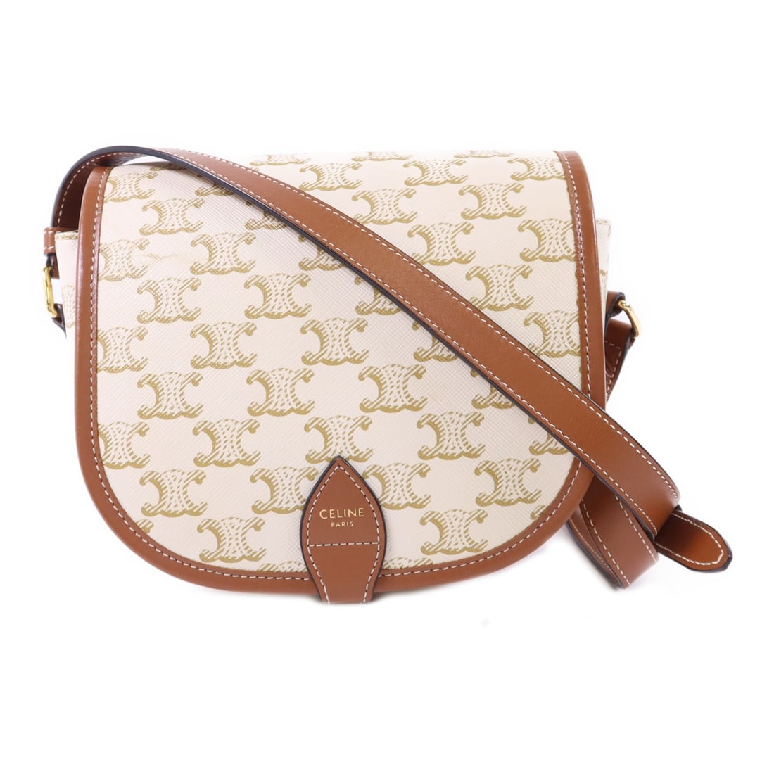 Folco White Shoulder Bag by CELINE in PVC Coated Canvas with Gold Hardware: Folco White Shoulder Bag by CELINE in PVC Coated Canvas with Gold Hardware This CELINE Folco shoulder bag features a white PVC coated canvas exterior and is designed for versatile, everyday use. Made