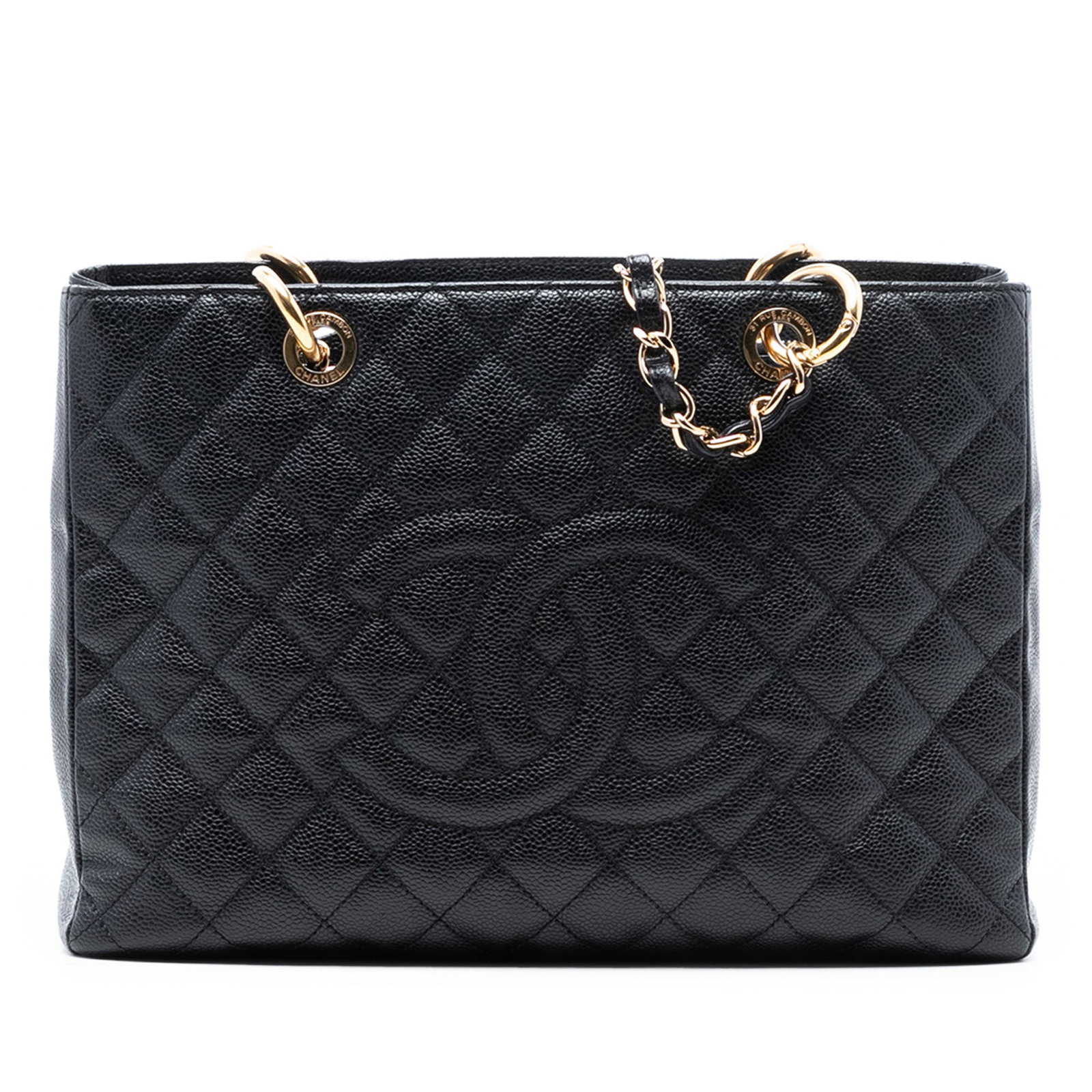 Black Caviar Leather Grand Shopping Tote by Chanel with Quilted Design: Black Caviar Leather Grand Shopping Tote by Chanel with Quilted Design This Chanel Caviar Grand Shopping Tote features a quilted Caviar leather body in black, complemented by leather-woven chain shoul