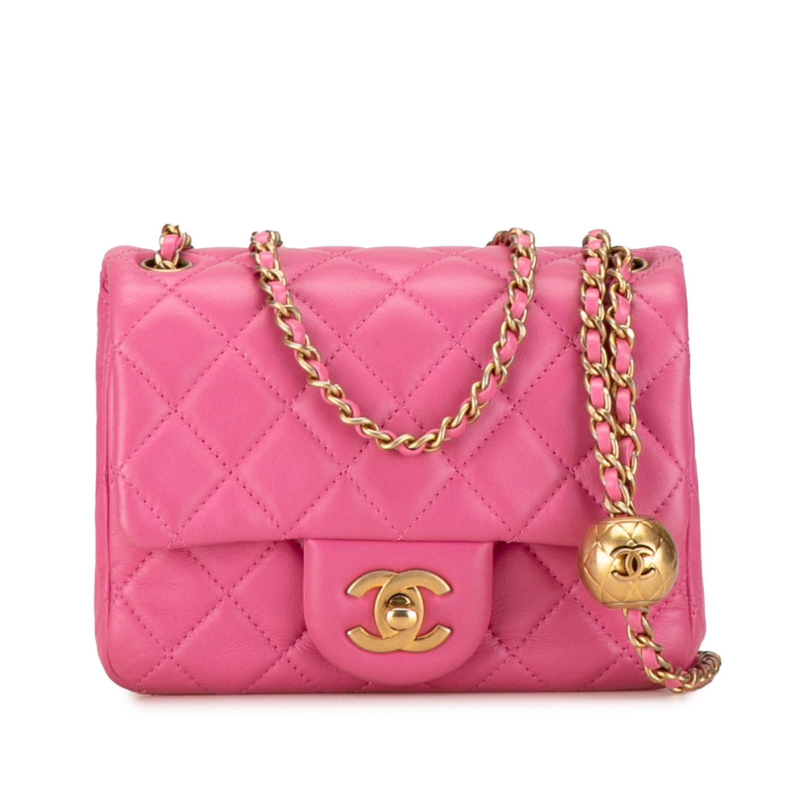 Chanel Pearl Crush Mini Square Pink Lambskin Crossbody Flap Bag: Chanel Pearl Crush Mini Square Pink Lambskin Crossbody Flap Bag This Chanel Mini Square Classic Lambskin Pearl Crush Single Flap crossbody bag features a quilted lambskin leather body in pink, a leath